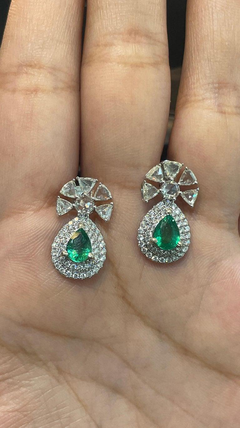 Designer Teardrop Earrings made in Emerald & Diamond with 14k White Gold For Sale 2
