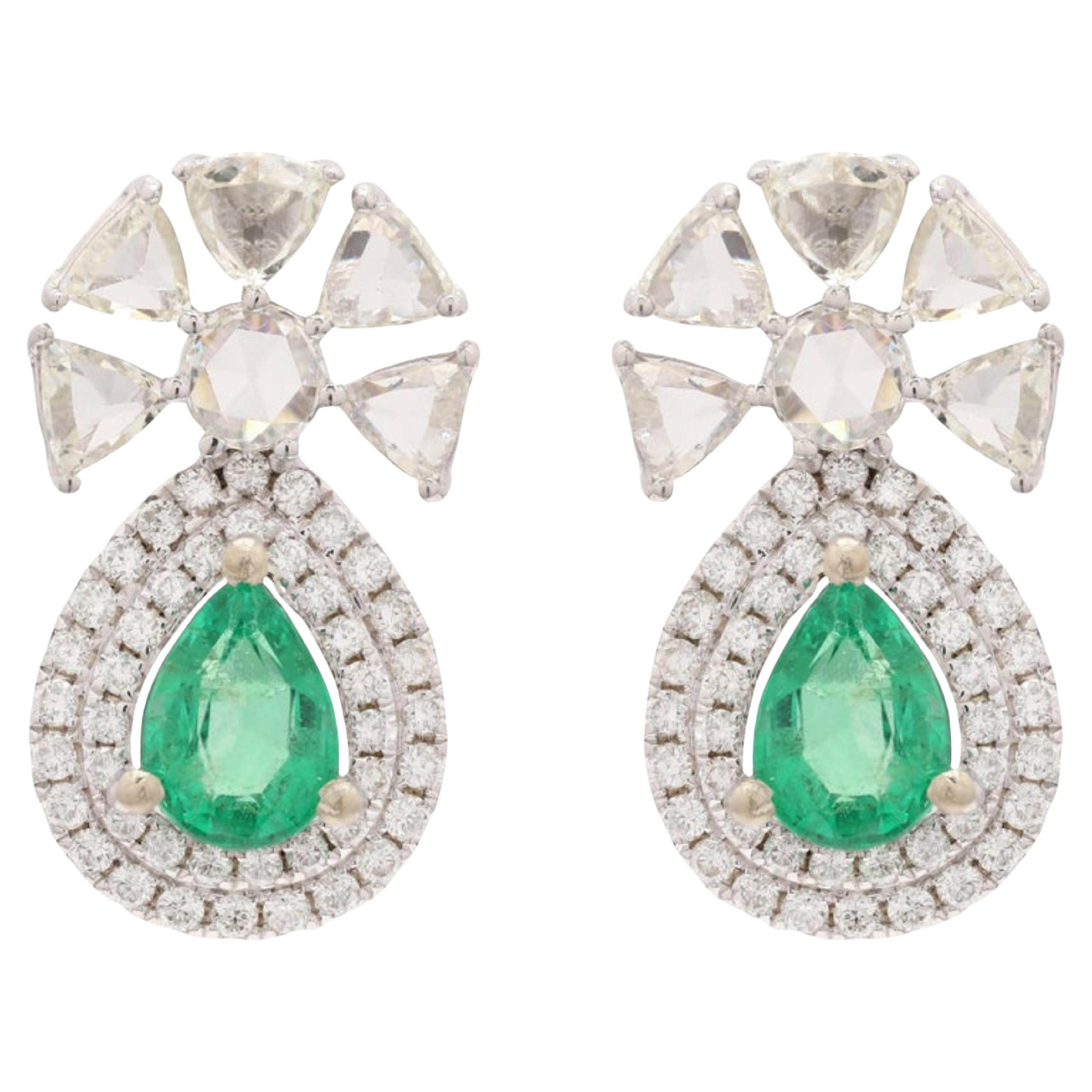 Designer Teardrop Earrings made in Emerald & Diamond with 14k White Gold For Sale
