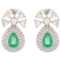 Designer Teardrop Earrings made in Emerald & Diamond with 14k White Gold