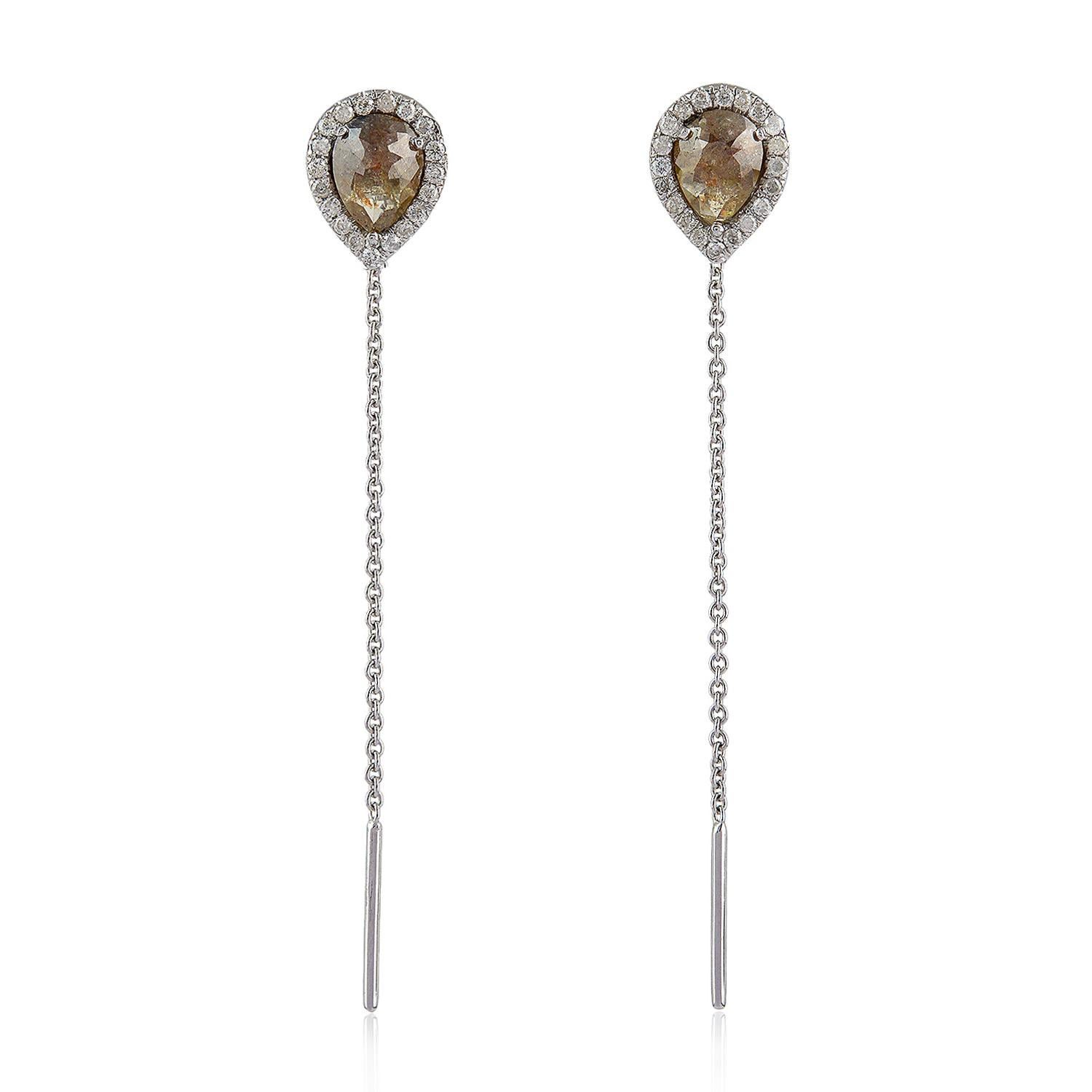 Mixed Cut Designer Thread Earring with Ice Diamonds and Pave Diamonds in 18k Gold For Sale