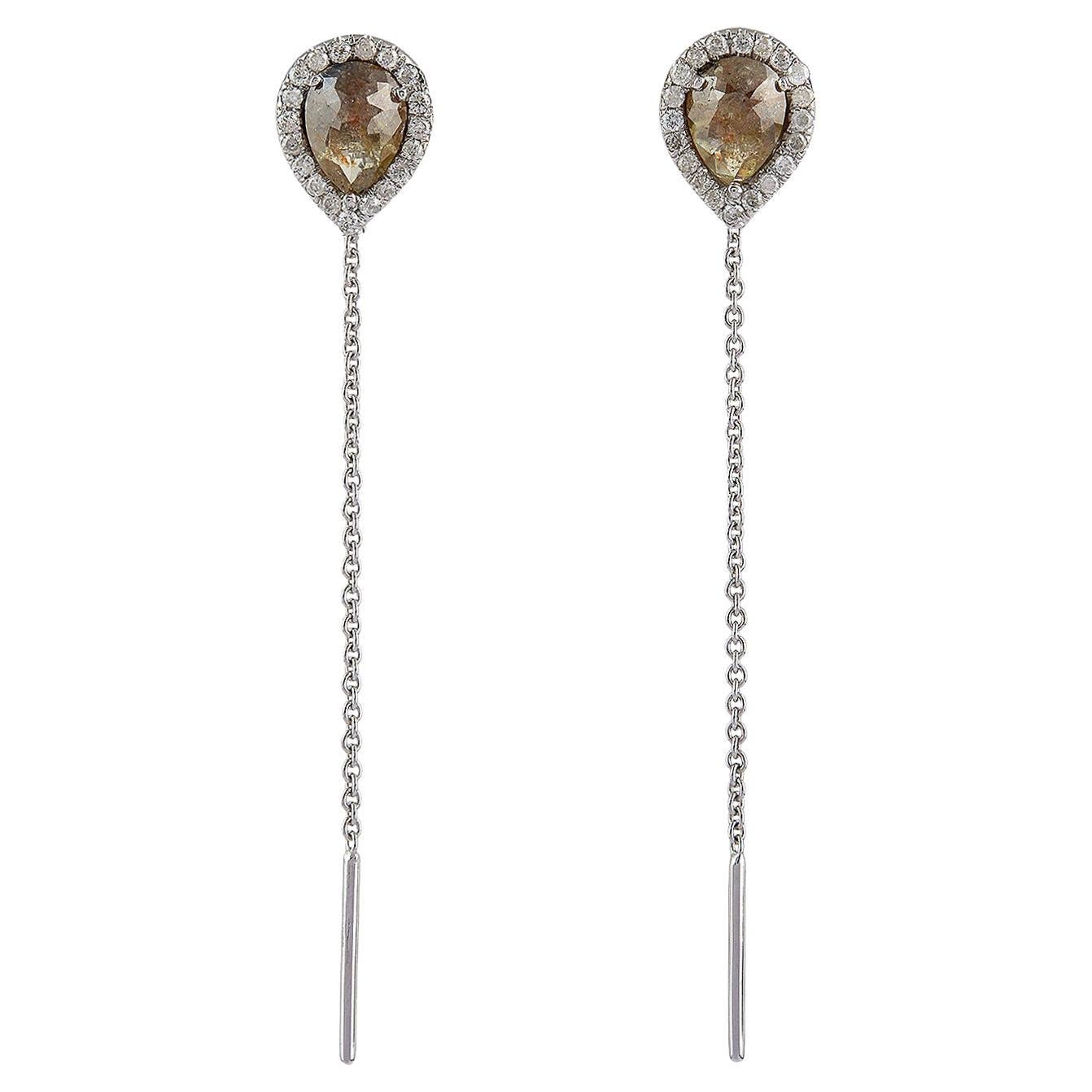 Designer Thread Earring with Ice Diamonds and Pave Diamonds in 18k Gold For Sale