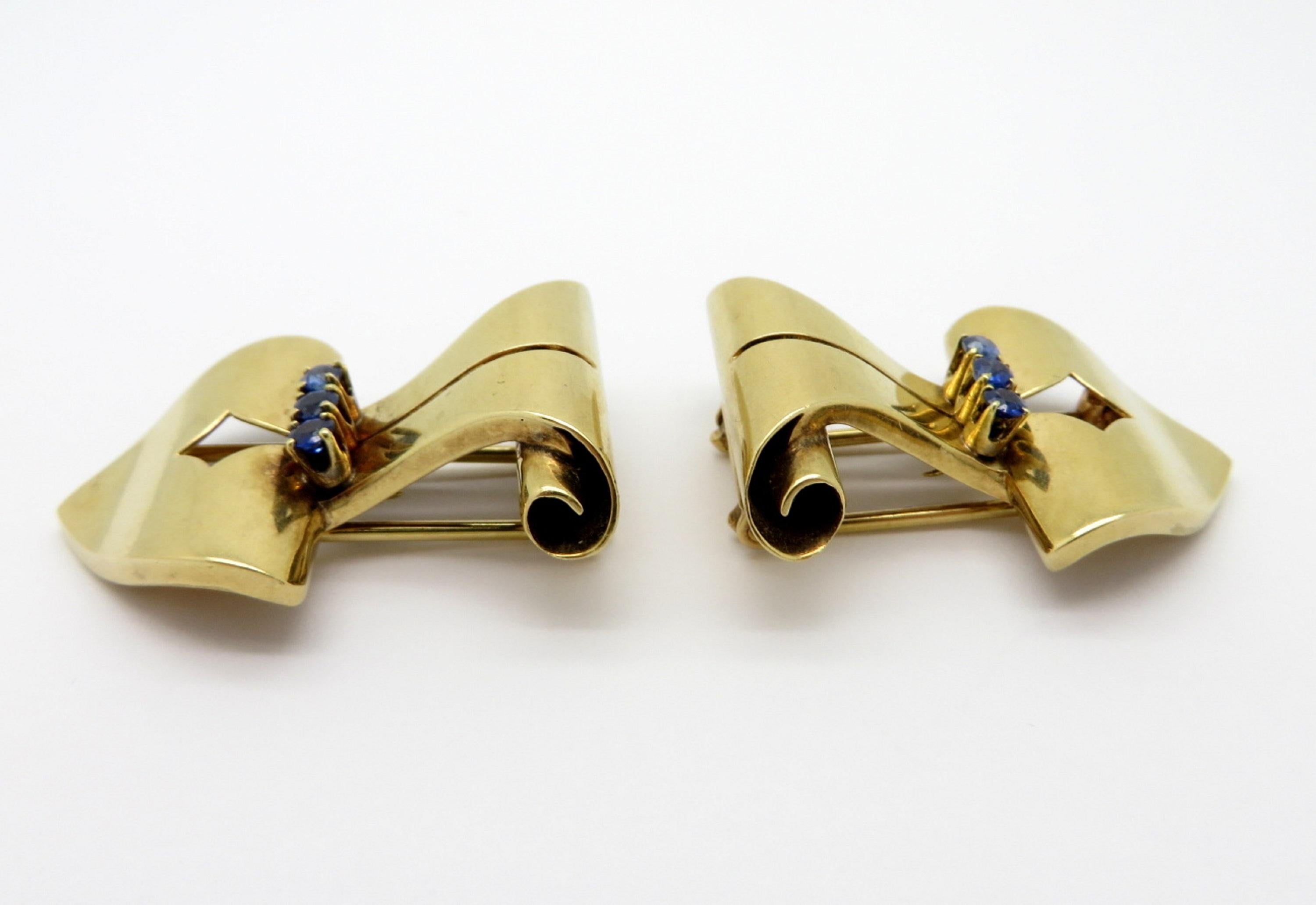 Retro Designer Tiffany & Co. 14 Karat Yellow Gold Sapphire Cufflink Clips For Sale