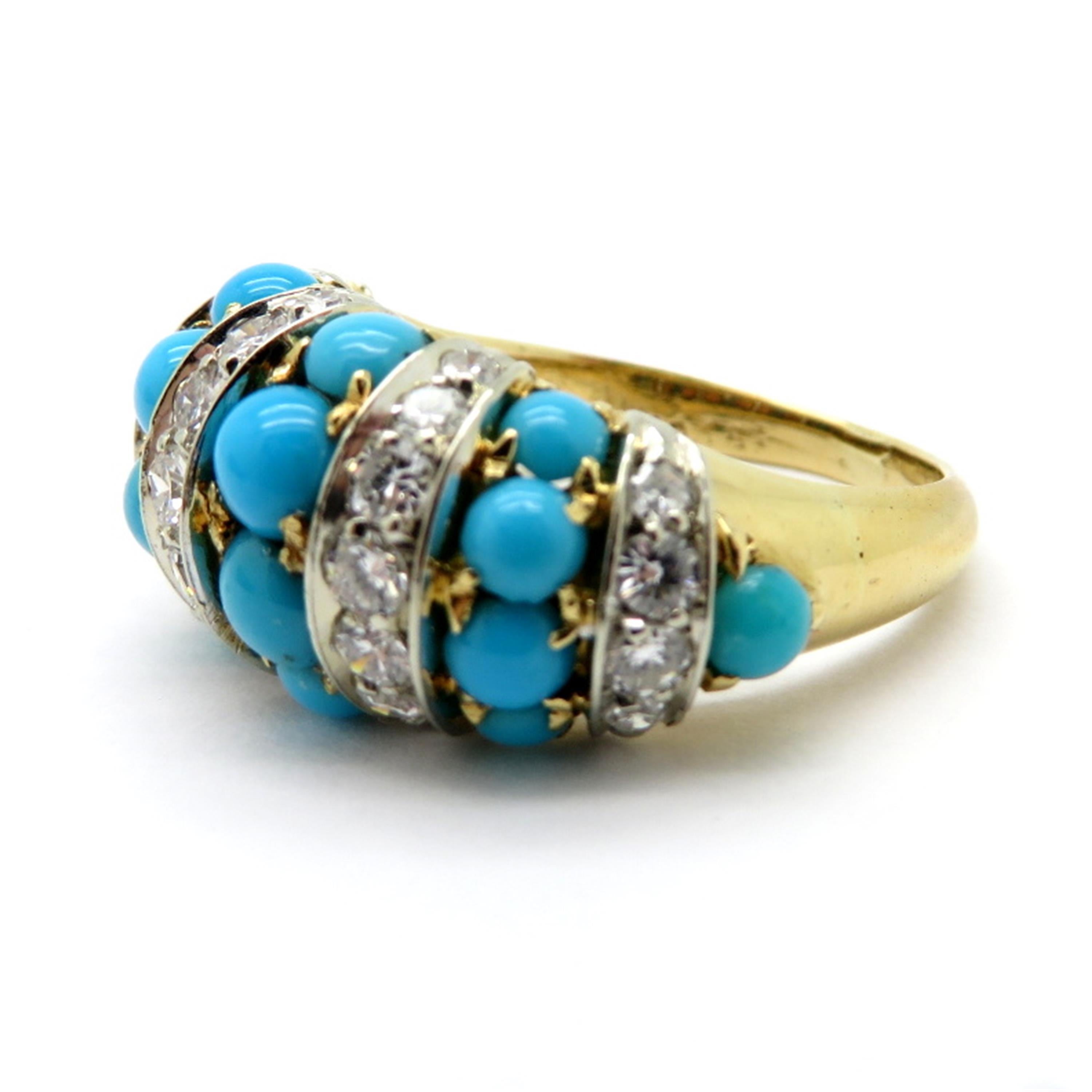 Designer Tiffany & Co.  Persian turquoise 18K yellow gold diamond ring. Interspersed with 29 round brilliant cut micro prong set diamonds weighing a combined total of approximately 1.00 carat. Diamond grading: color grade: F. Clarity grade: VS1.