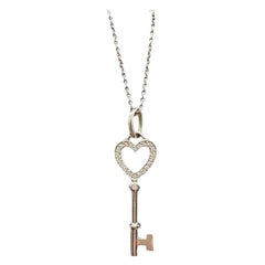Designer Tiffany Diamond Heart Key Necklace 18kt White Gold 0.12ctw