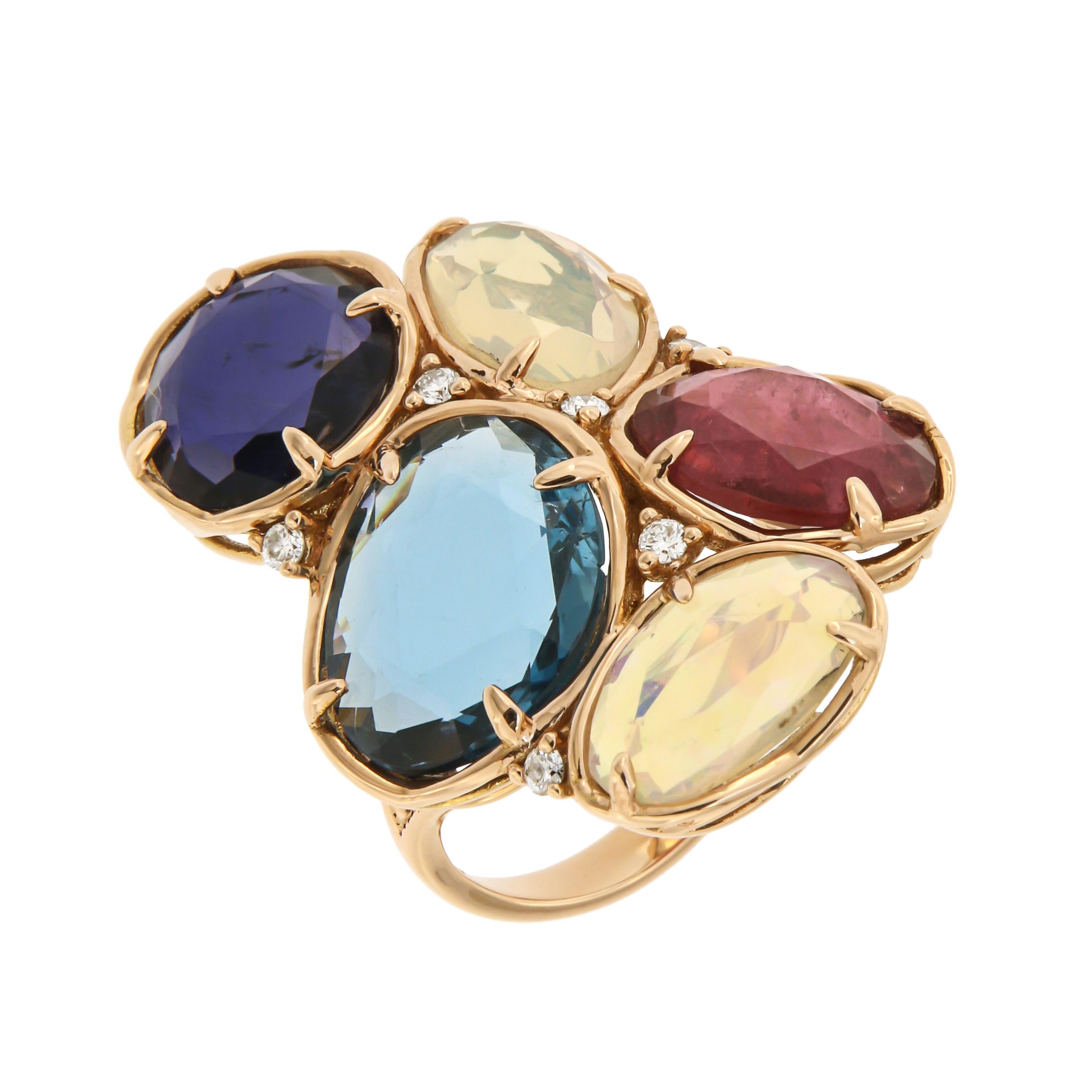 Antique Cushion Cut Designer Tourmaline 18k London Blue Topaz Opal Diamonds Statement Ring for Her For Sale