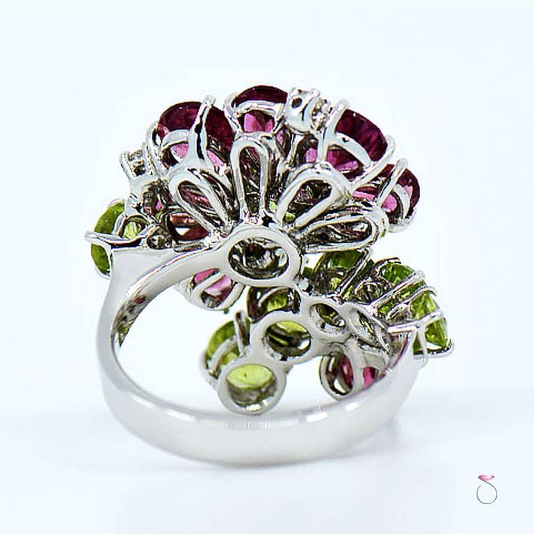 Designer Tourmaline, Peridot and Diamond Floral Cluster Ring For Sale 1