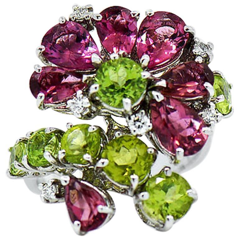 Designer Tourmaline, Peridot and Diamond Floral Cluster Ring