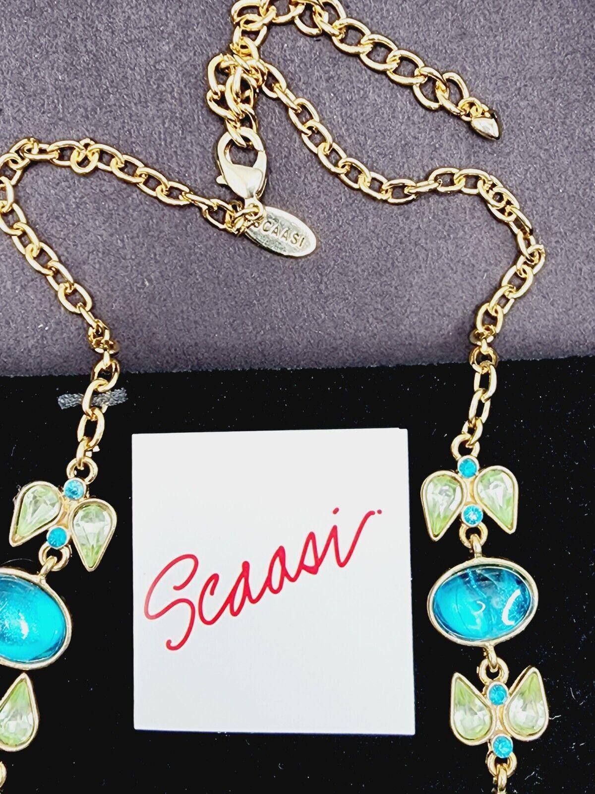 Modernist Designer Turquoise and Crystal Signed SCAASI Vintage Festoon Necklace For Sale