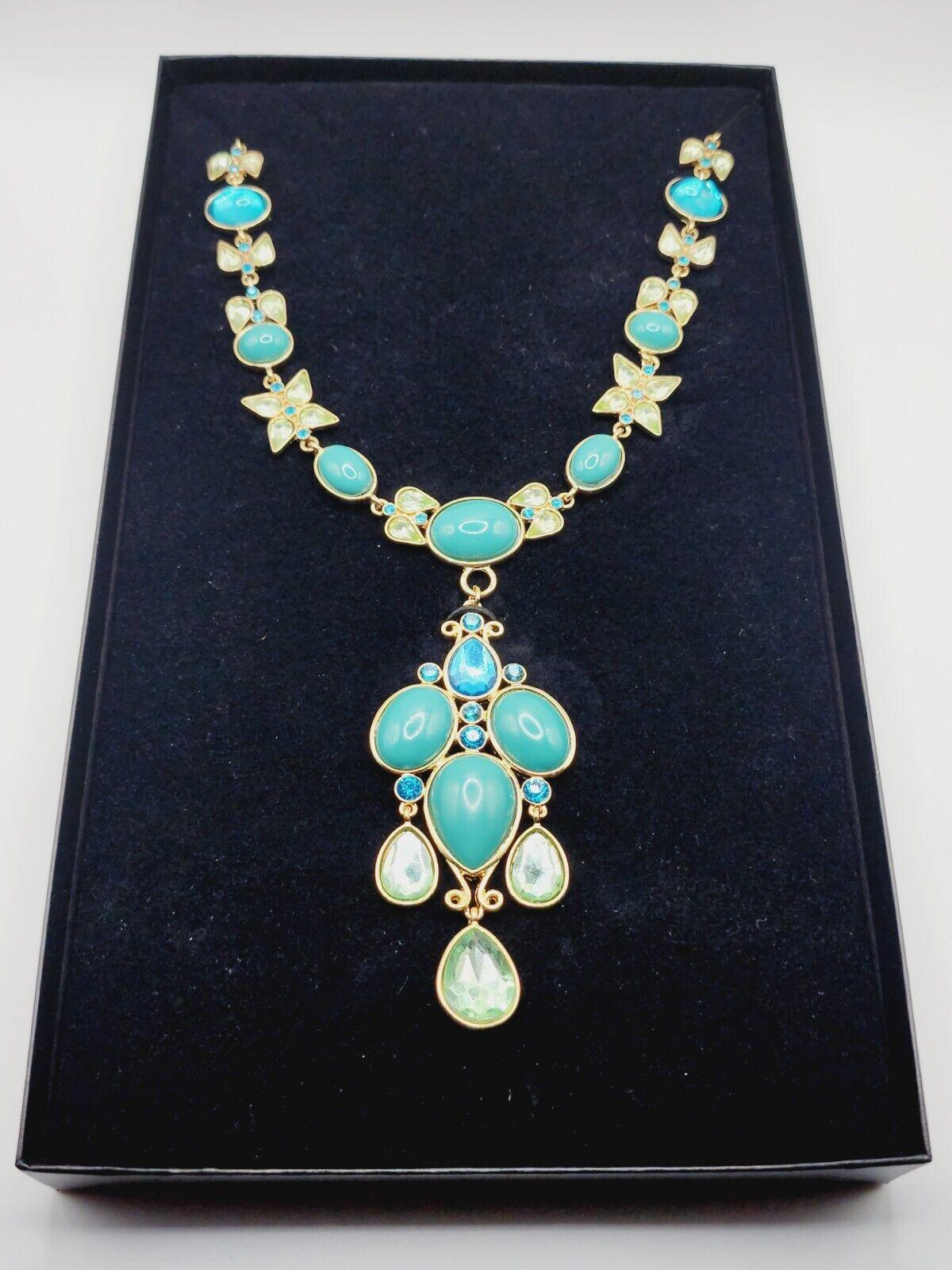 Designer Turquoise and Crystal Signed SCAASI Vintage Festoon Necklace For Sale 1