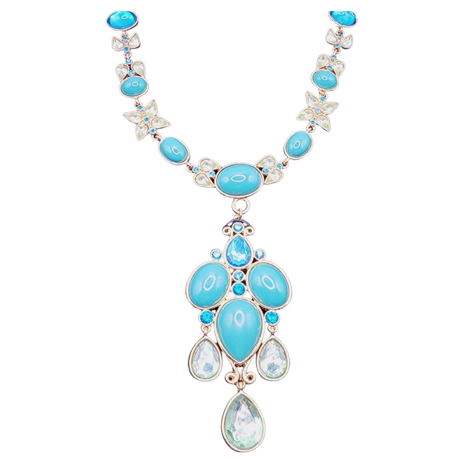 Designer Turquoise and Crystal Signed SCAASI Vintage Festoon Necklace For Sale