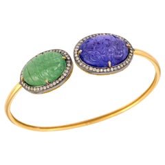 Designer Twistable Carved Tanzanite, Tsavorite & Diamond Bangle 18k Yellow Gold