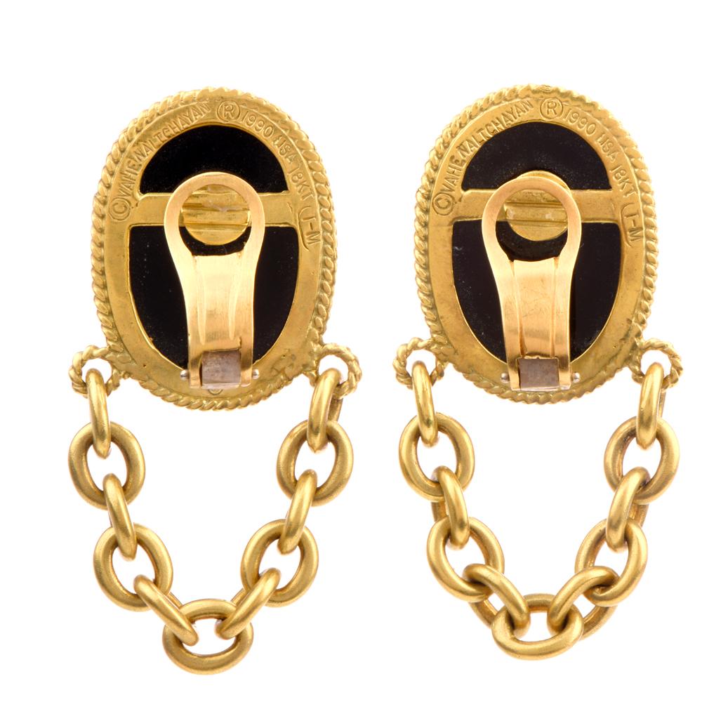 Uncut Designer Vahe Naltchayan Onyx Roman 18 Karat Yellow Dangle Clip-On Earrings