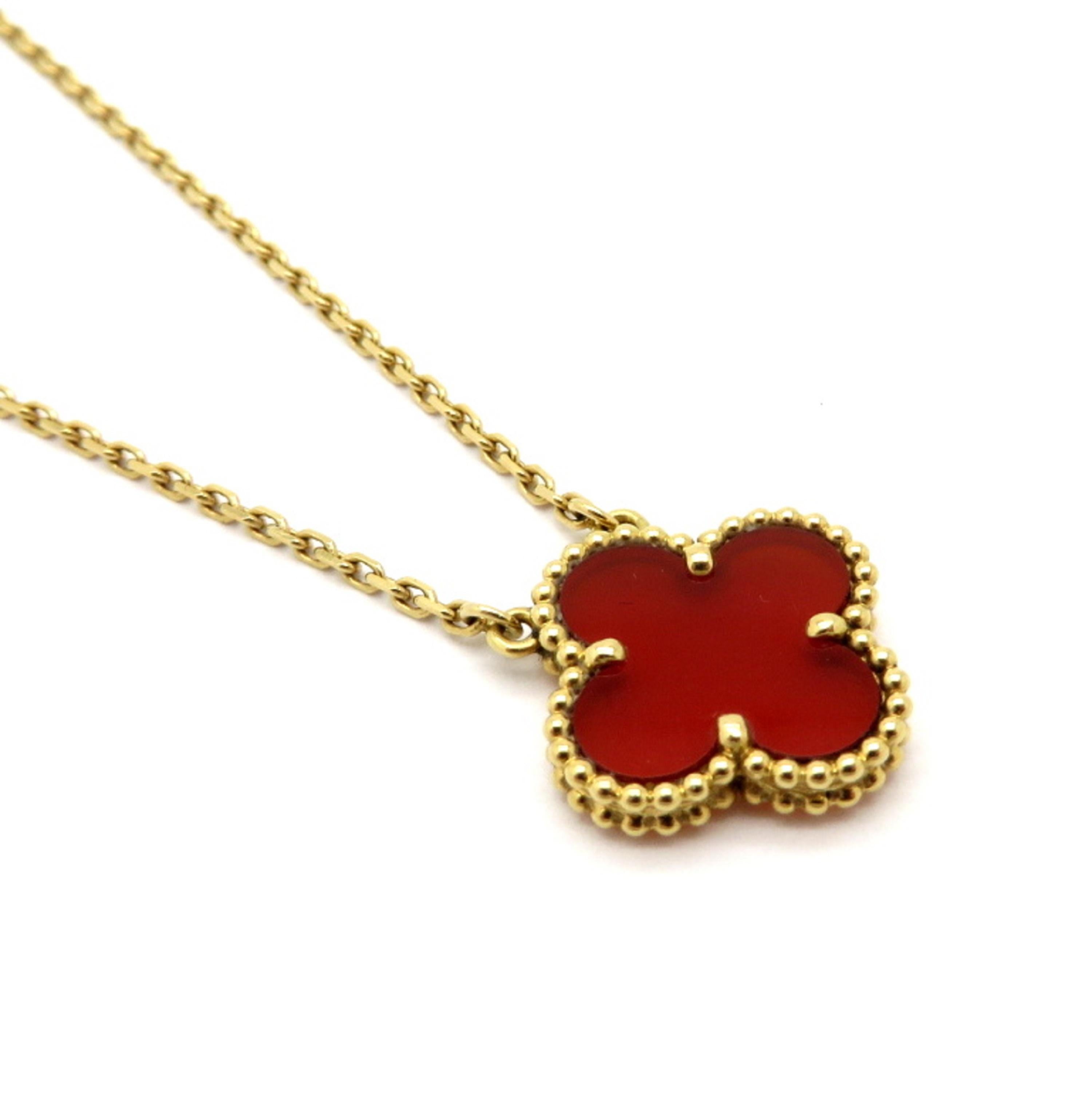 For sale is a designer Van Cleef & Arpels Alhambra Carnelian 18K Yellow Gold Necklace! Model reference number JE299091. The chain measures 16 ½” inches long. It is hallmarked 750 and secured by a lobster claw clasp. A small plaque on the chain is