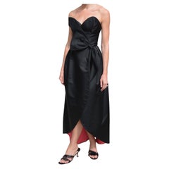 Designer Vintage 1980s Silk Satin High-Low Gown with Bow Waist