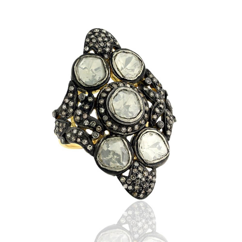 Rose Cut Designer Vintage Style Long Ring with Pave Diamonds Made in 18k Gold & Silver For Sale