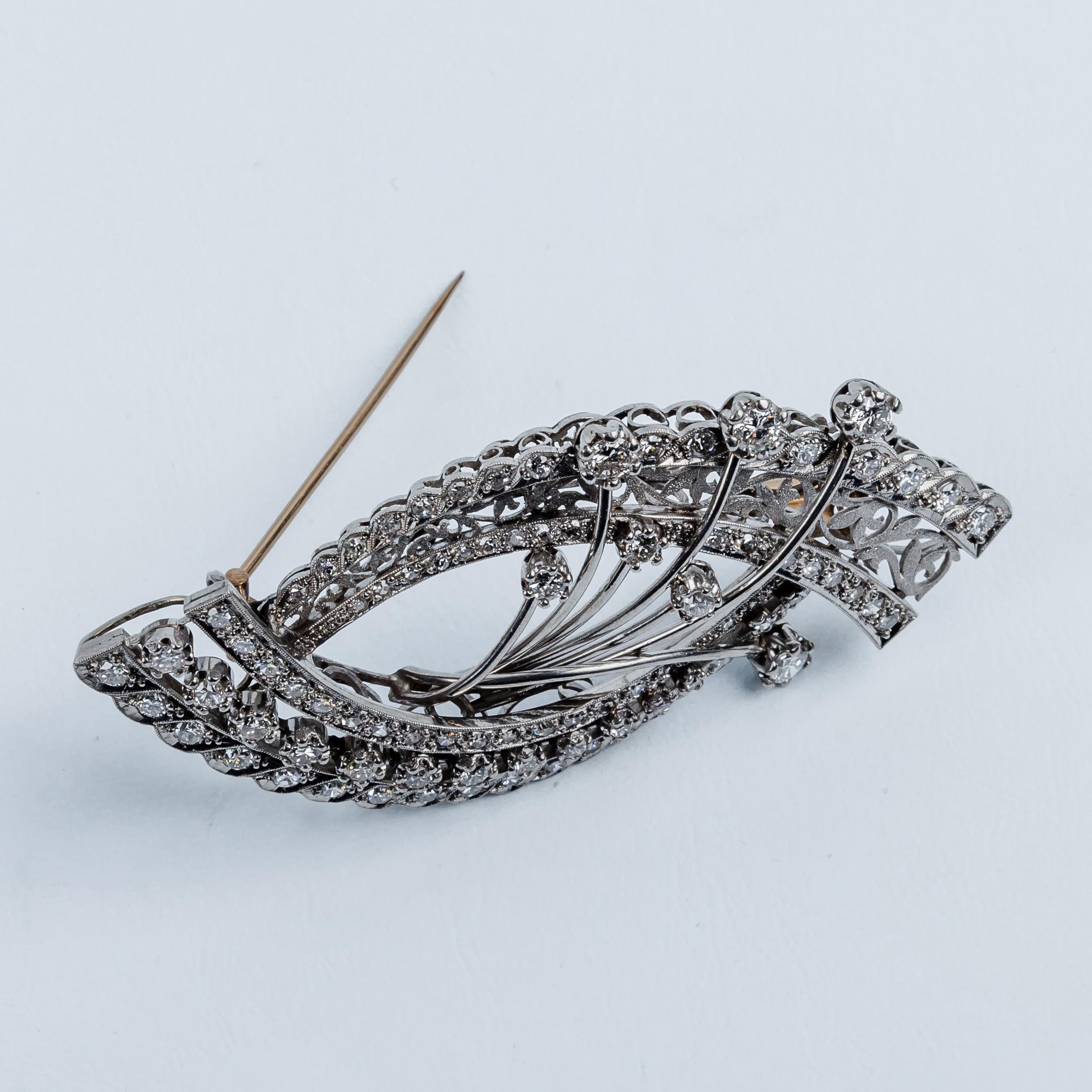 Brilliant Cut Designer Vintage Diamonds Platinum and 18 Karat Gold Brooch For Sale