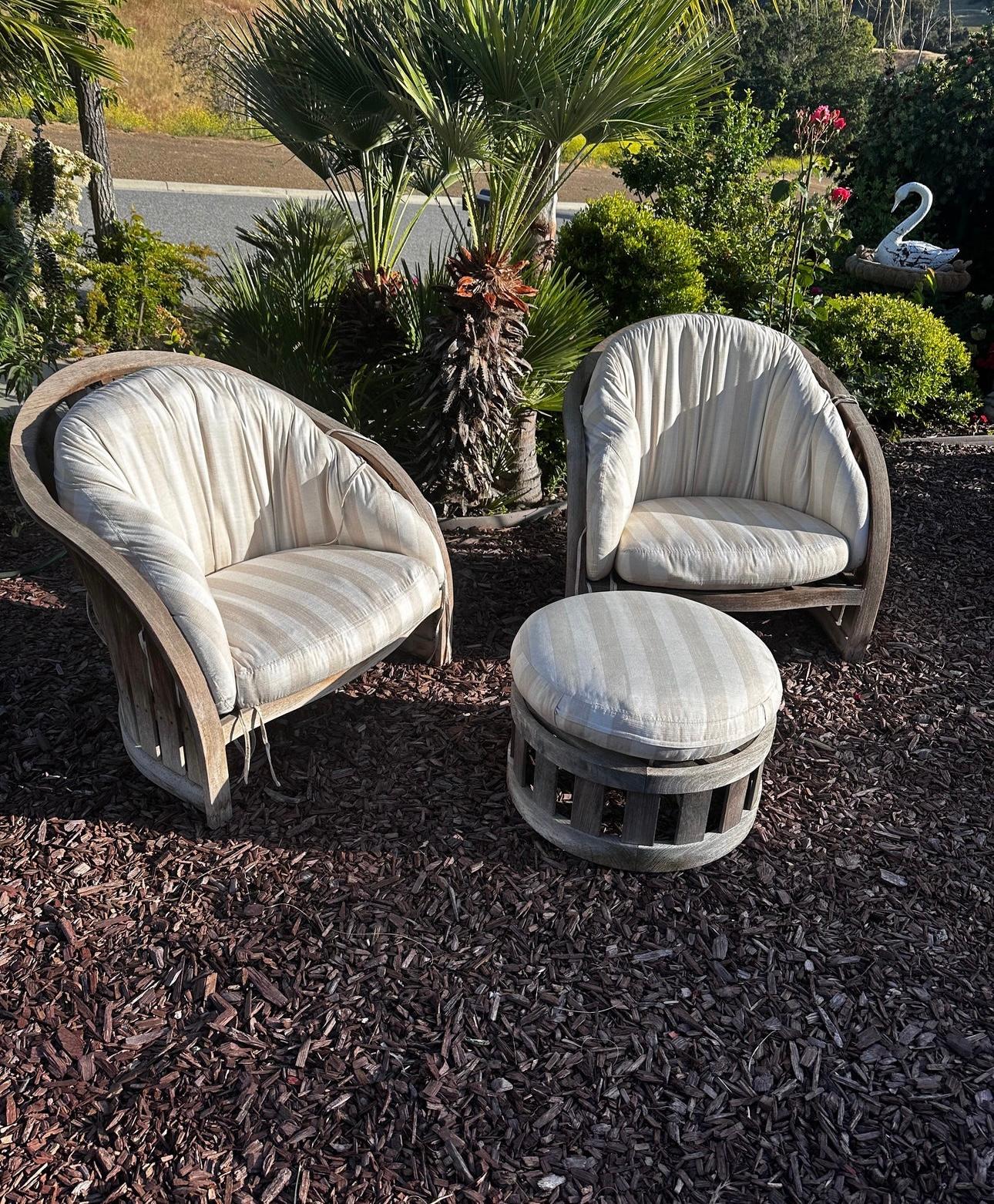 A rare and beautiful designer conversation set by Designer Kipp Stewart made by 
Design for Summit Furniture.
3 piece set
2 Gorgeous deep seaters with cushions, and round coffee table
Great in any home or Estate
A great focal point in any place made