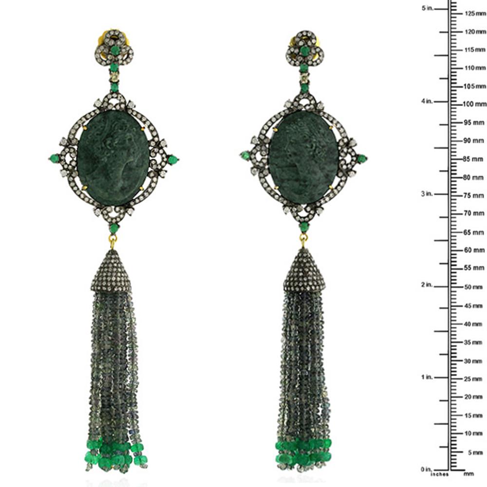 Art Nouveau Designer Vintage Looking Cameo Tassel Earring with Diamond and Sapphires in Gold For Sale