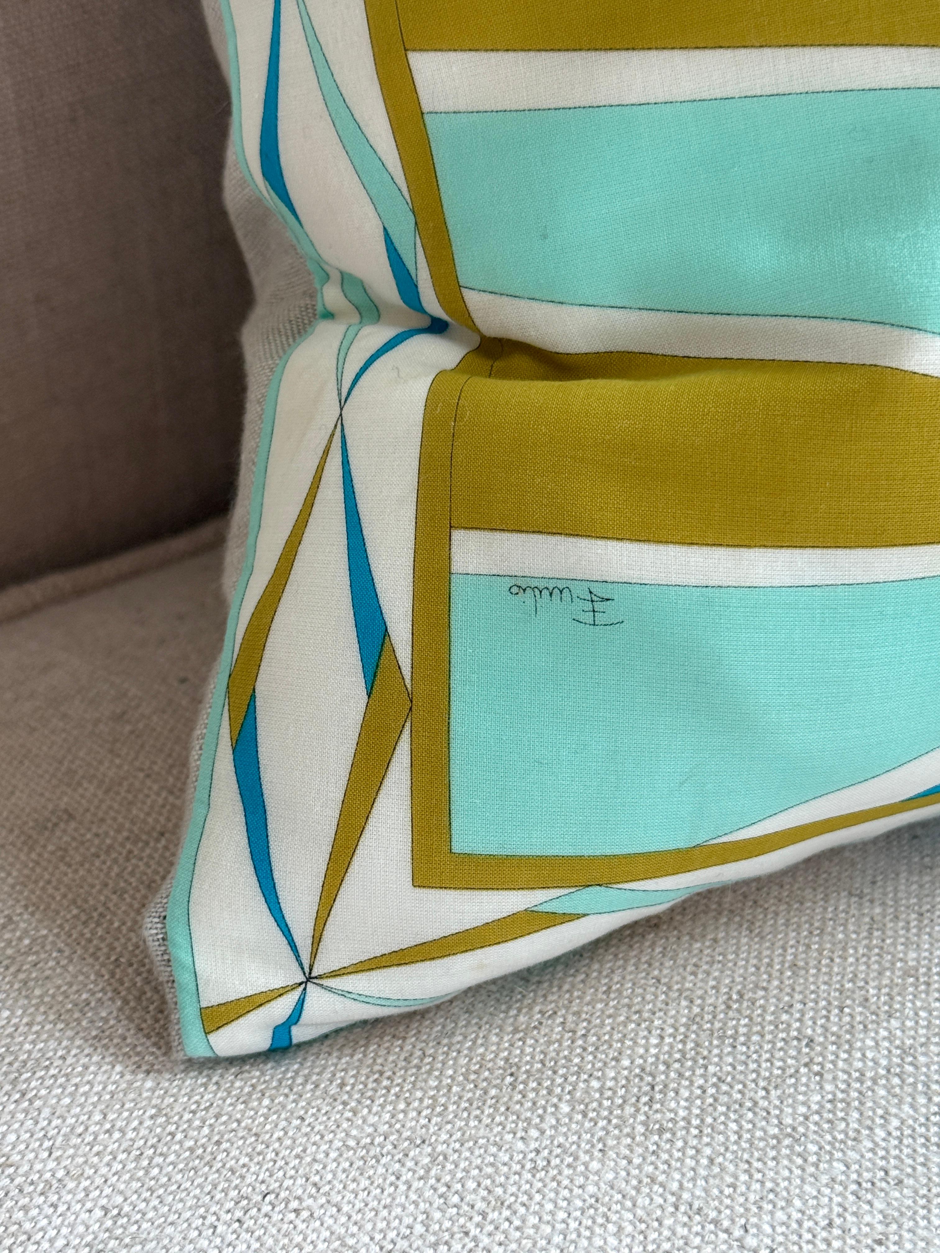 20th Century Designer Vintage Pucci Scarf Pillow Irish Linen Backing Green Blue For Sale