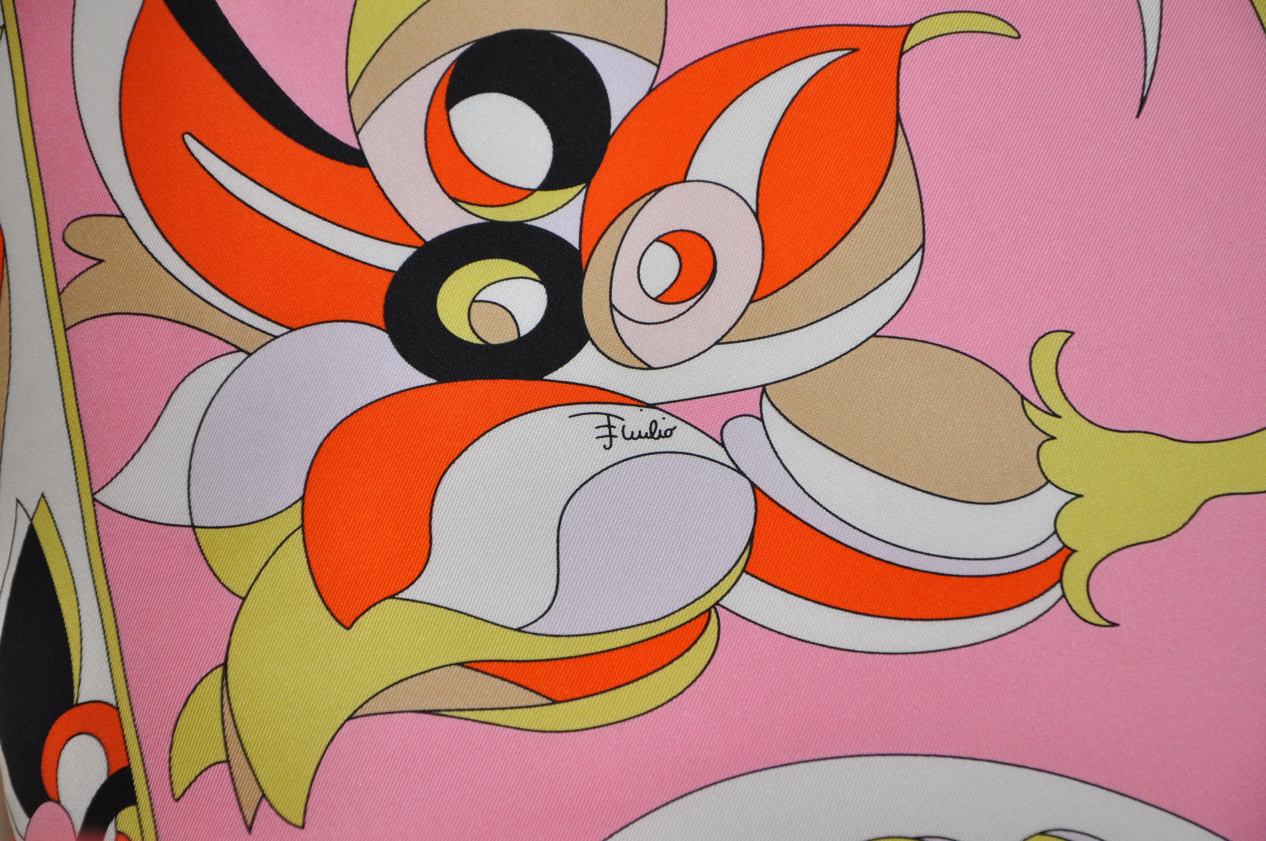 Italian Designer Vintage Pucci Scarf Pillow Irish Linen Backing Pink Black For Sale