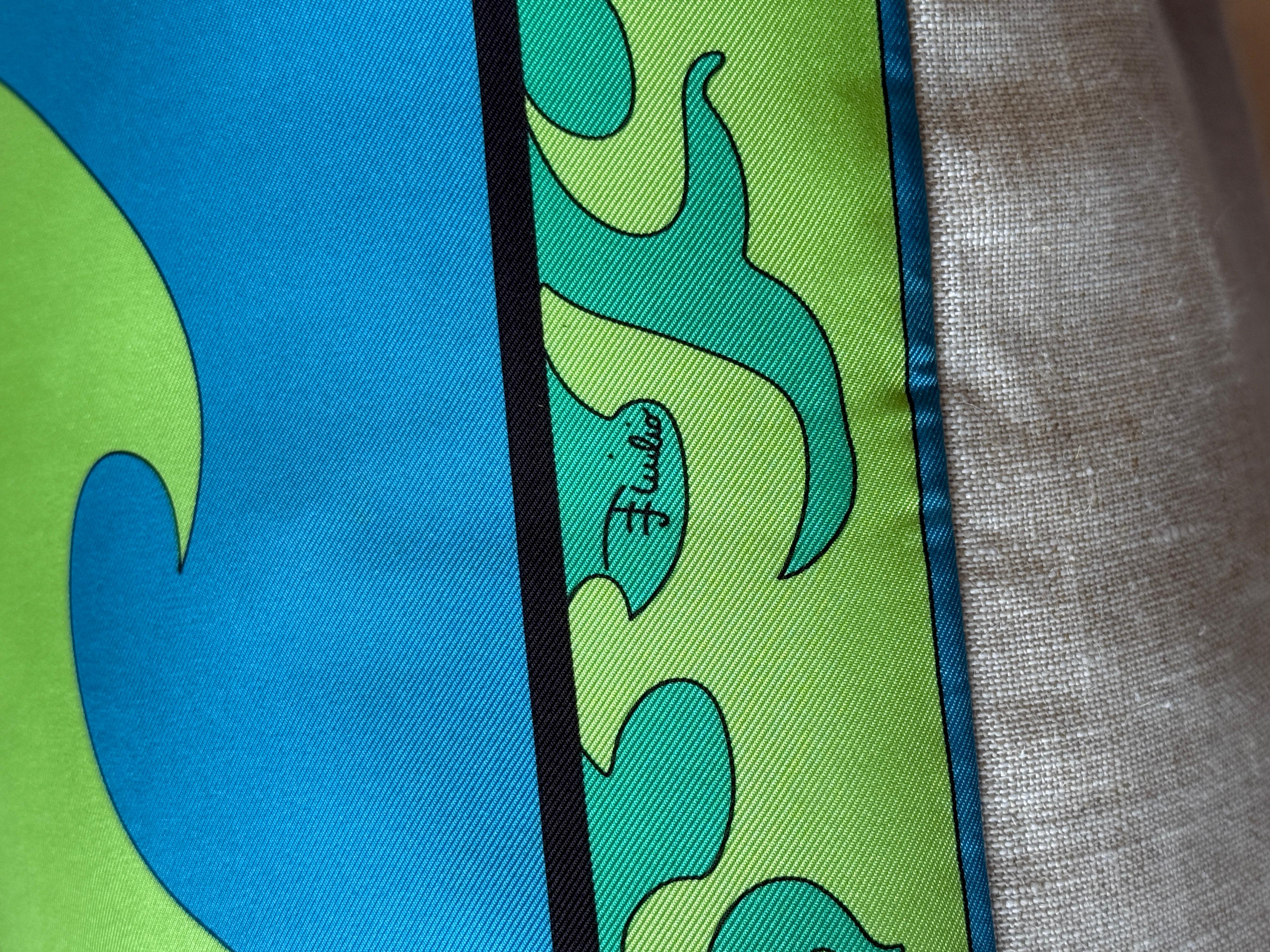 Designer Vintage Pucci Scarf Pillow Irish Linen Gold Green Turquoise Blue For Sale 2