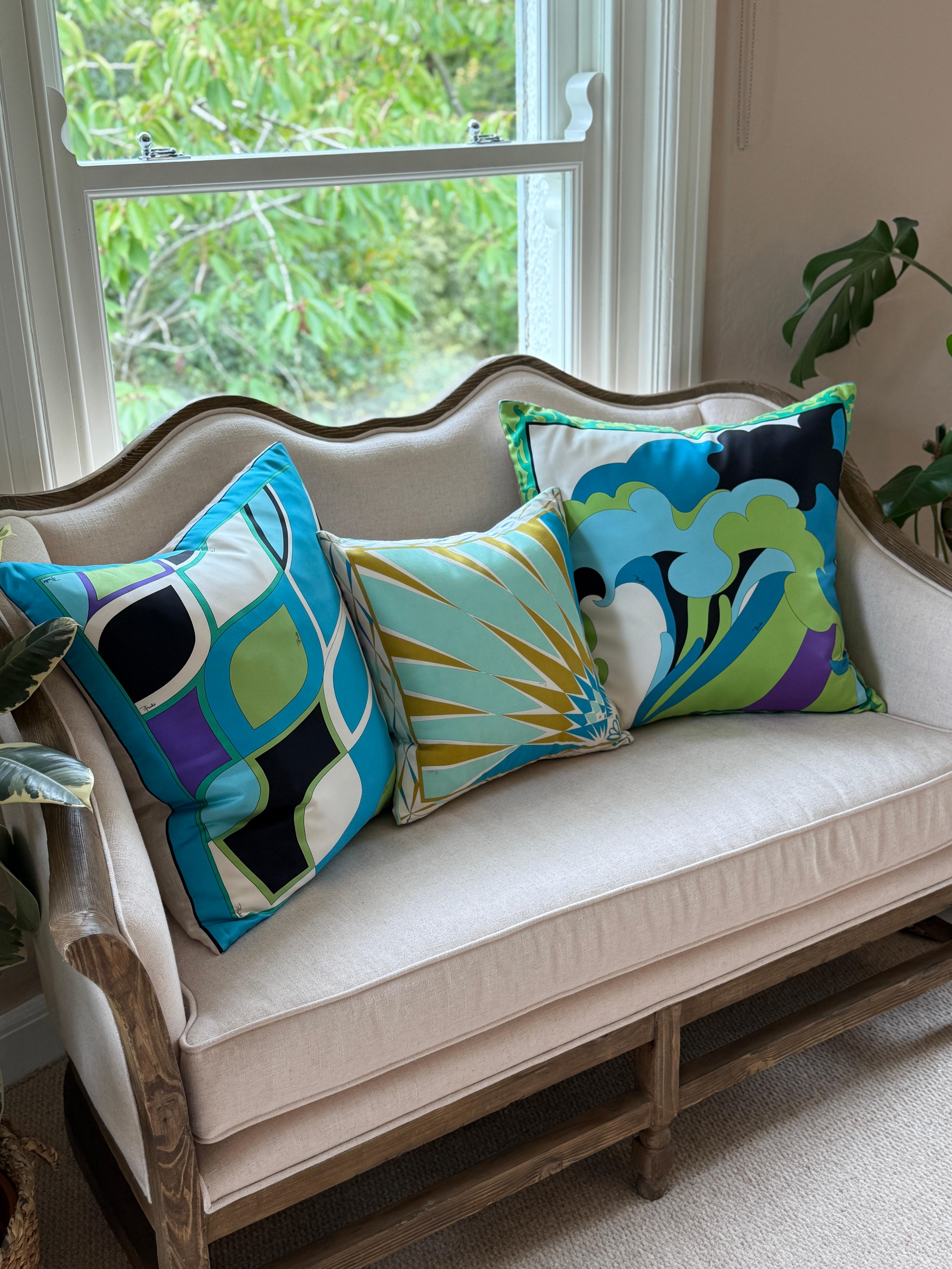 Art Deco Designer Vintage Pucci Scarf Pillow Irish Linen Gold Green Turquoise Blue For Sale