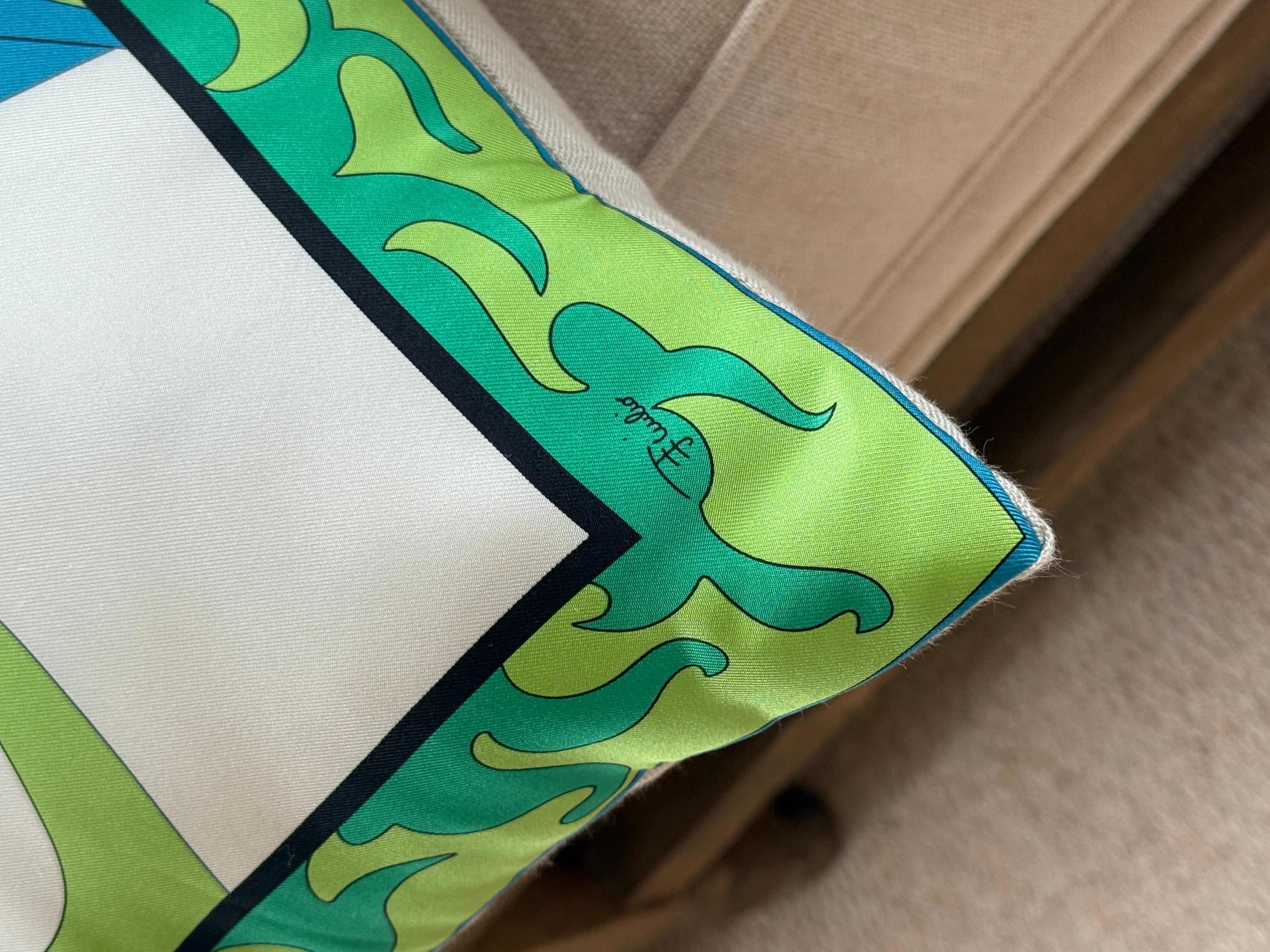 Designer Vintage Pucci Scarf Pillow Irish Linen Gold Green Turquoise Blue In Excellent Condition For Sale In Belfast, Northern Ireland