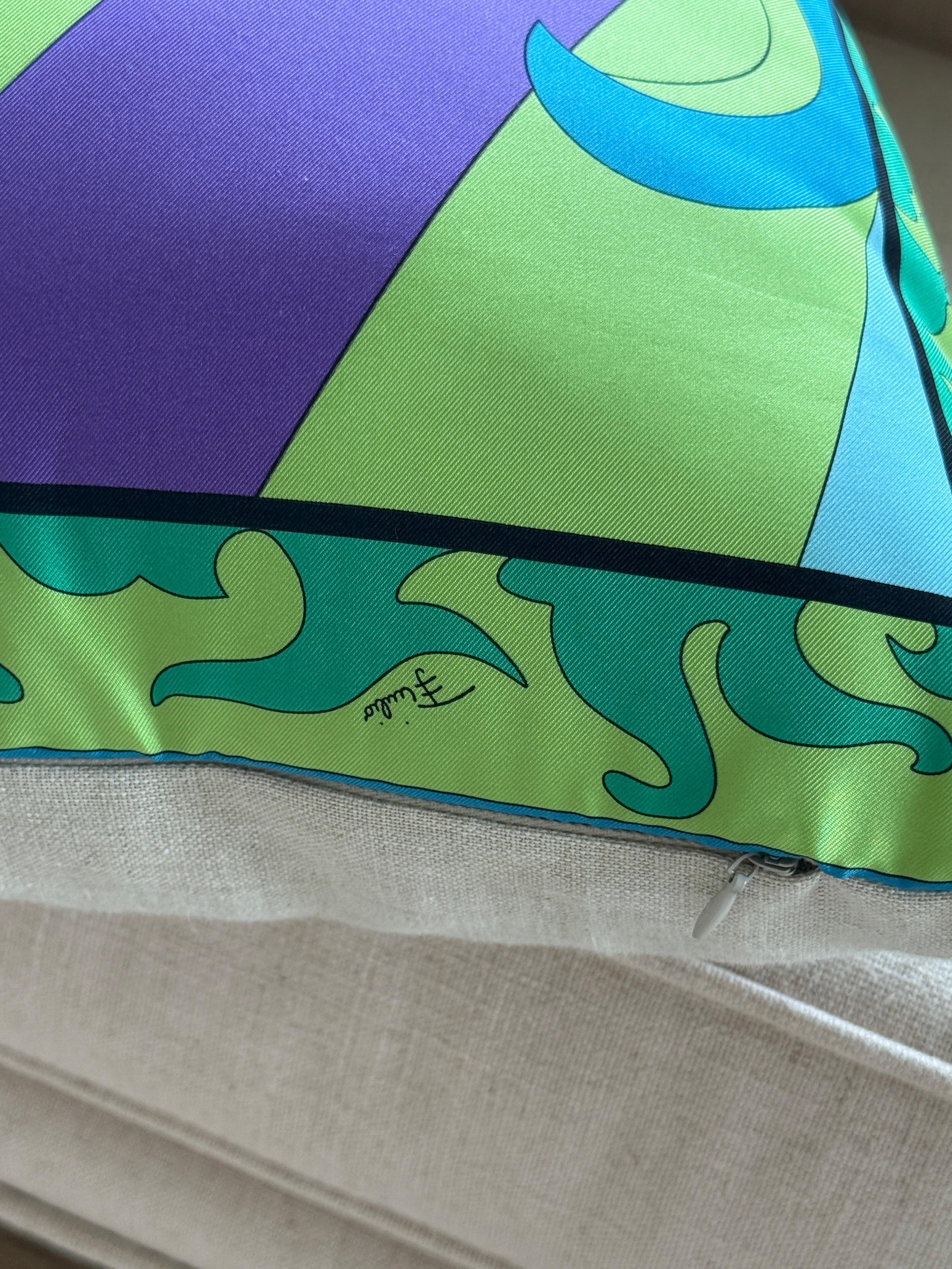20th Century Designer Vintage Pucci Scarf Pillow Irish Linen Gold Green Turquoise Blue For Sale