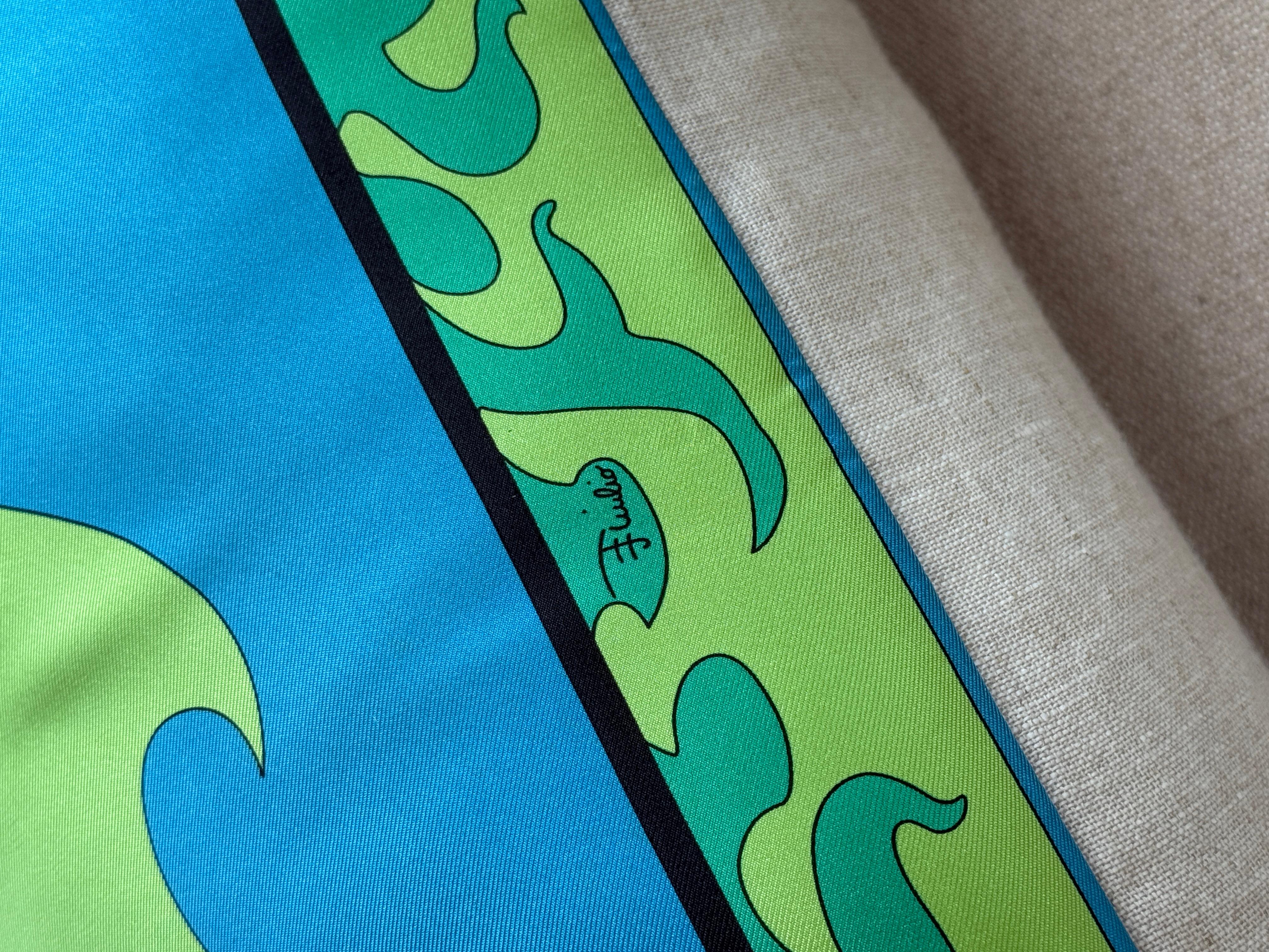 Cotton Designer Vintage Pucci Scarf Pillow Irish Linen Gold Green Turquoise Blue For Sale