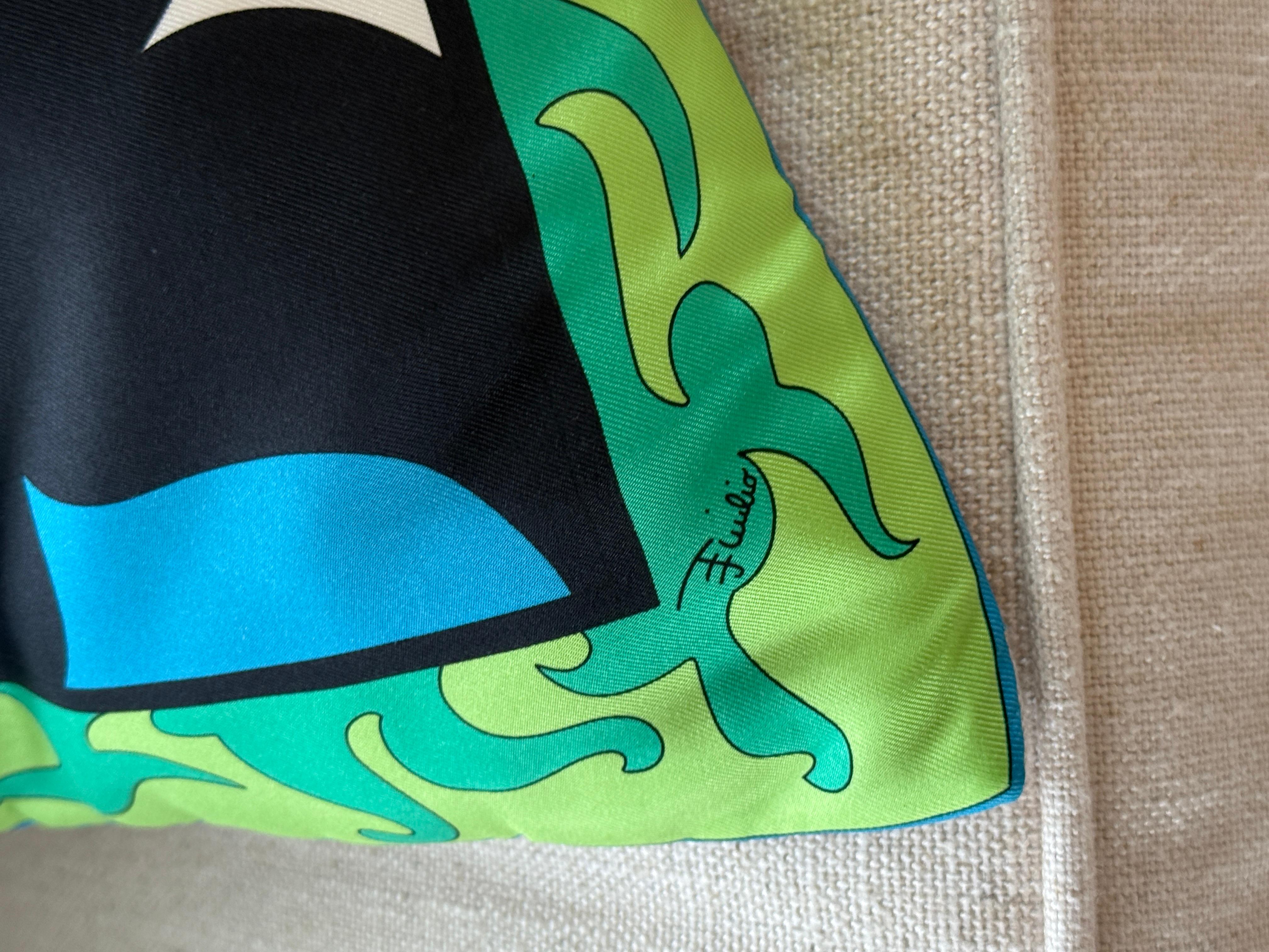 Designer Vintage Pucci Scarf Pillow Irish Linen Gold Green Turquoise Blue For Sale 1