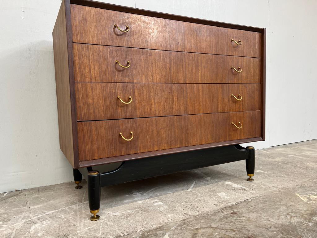 English Designer Vintage Retro 1950s Teak Chest of Drawers standing on ebonised legs For Sale