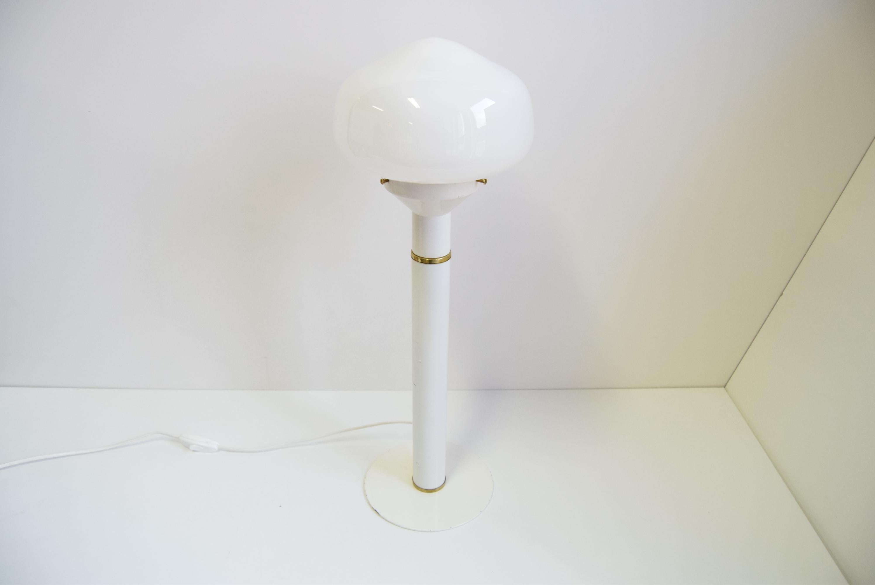 Die Lampe ist aus lackiertem Metall, Messing und einem Glasschirm gefertigt
Der Metallteil weist Gebrauchsspuren auf (siehe Foto)
Das Messing hat eine alternde Patina
Die Lampe wurde gereinigt und mit einer neuen Verkabelung versehen
1x60W, E27 oder