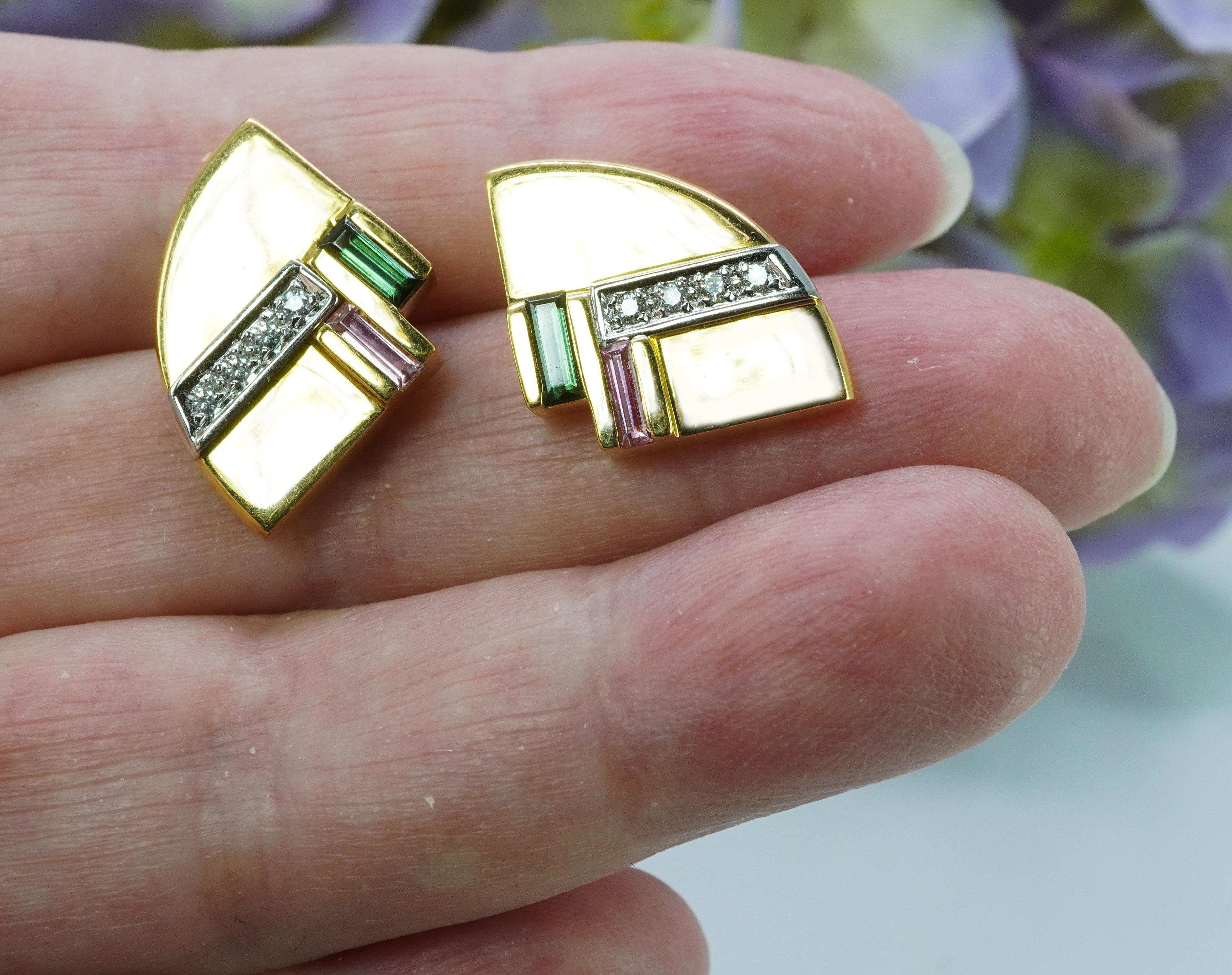 Designerin Vitelli Diamant Grün Rosa Turmalin Ohrringe 18K Gold Schwere Vintage (Rundschliff) im Angebot