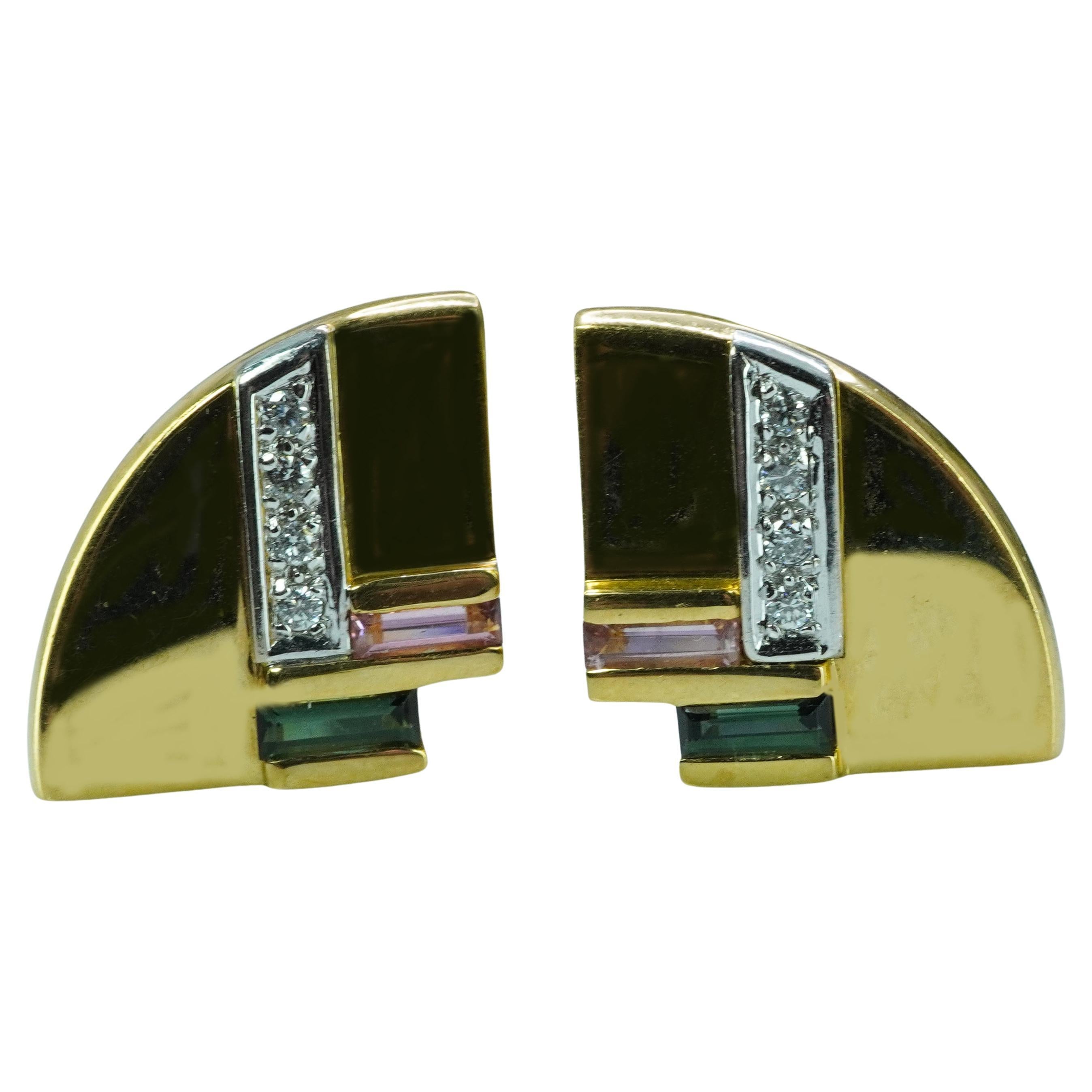 Designer Vitelli Diamond Green Pink Tourmaline Earrings 18K Gold Heavy Vintage