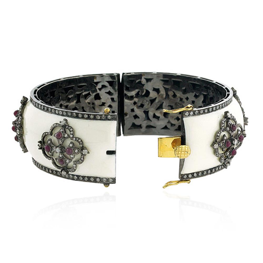 Artisan Designer White Enamel Bangle with Diamond and Ruby Set in Gold and Silver For Sale