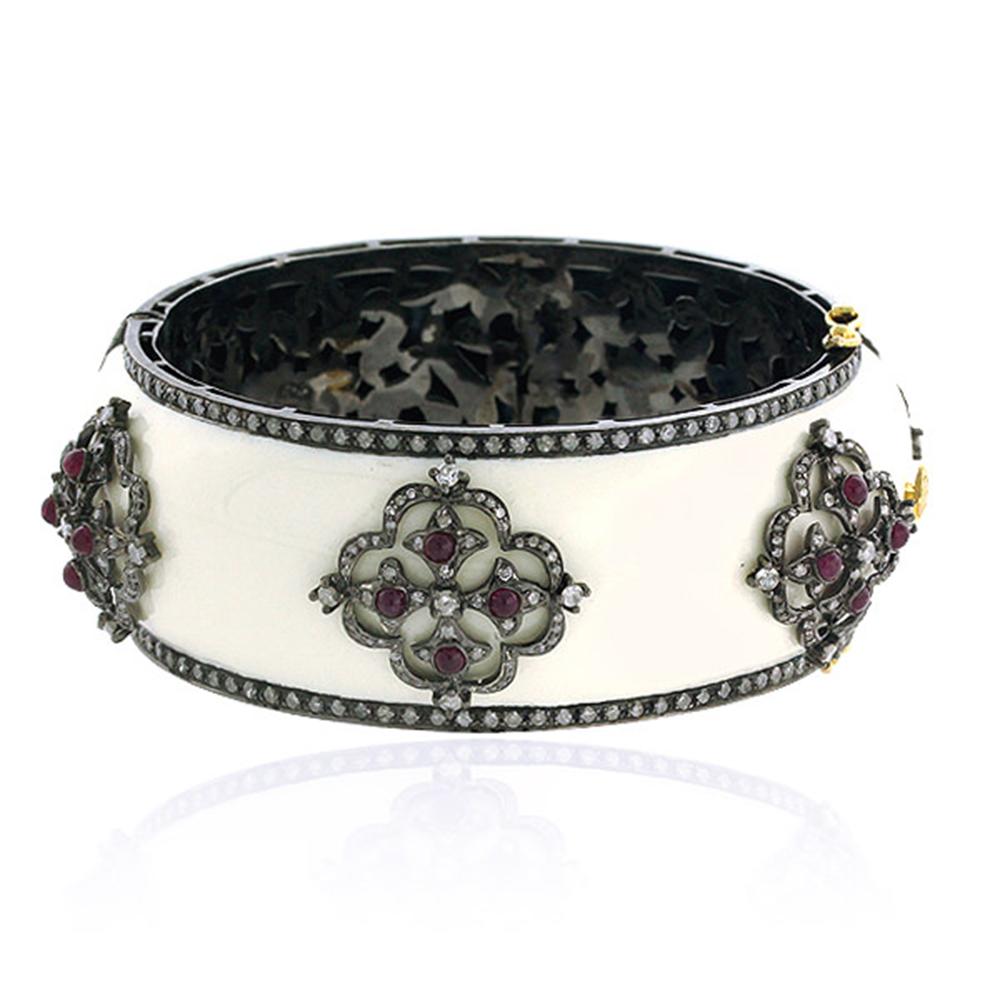 Round Cut Designer White Enamel Bangle with Diamond and Ruby Set in Gold and Silver For Sale