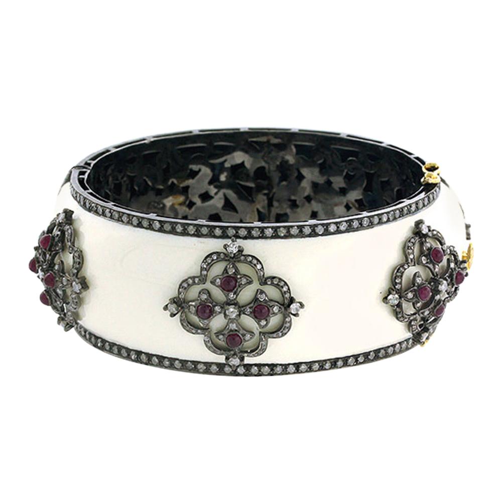 Designer White Enamel Bangle with Diamond and Ruby Set in Gold and Silver For Sale