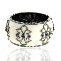 Designer White Enamel Bangle with Diamond and Sapphire Set in Gold and Silver