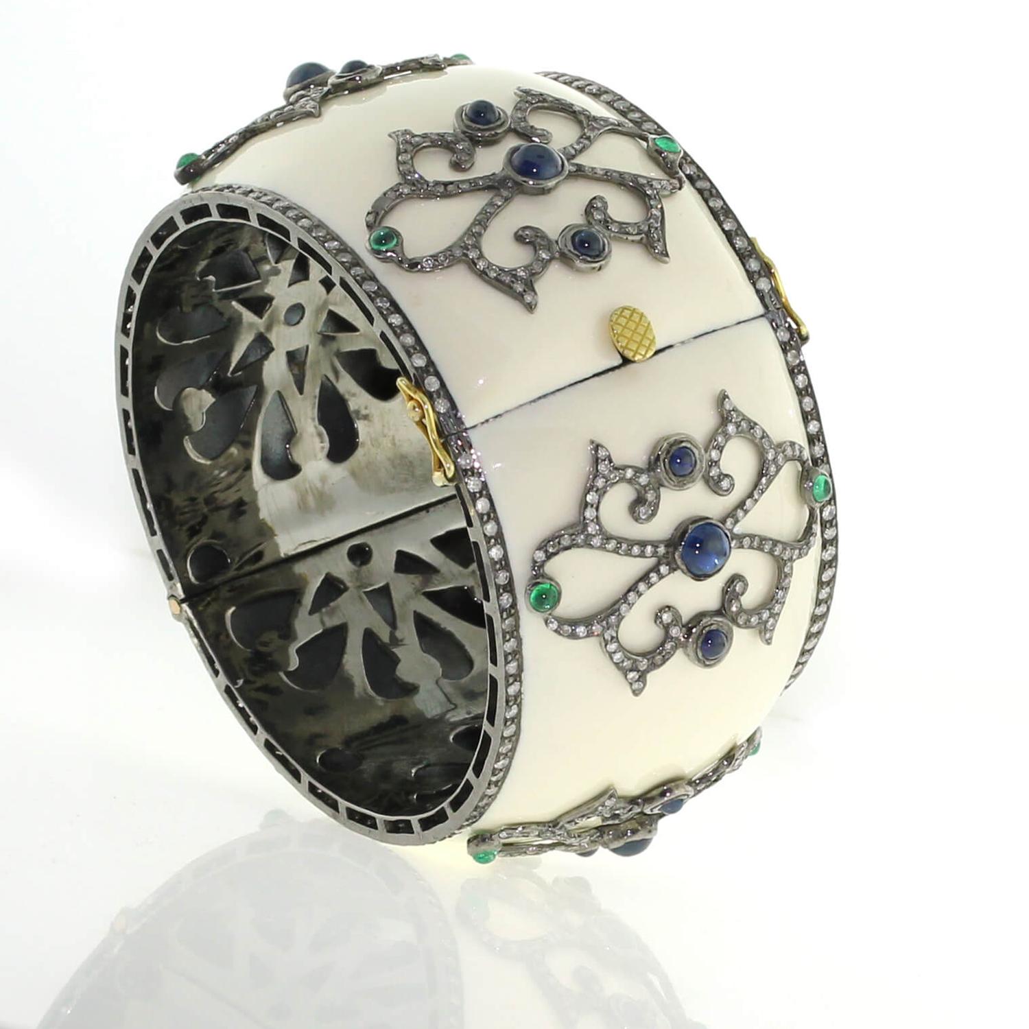 Artisan Designer White Enamel Bangle with Diamond and Sapphire Set in Gold and Silver For Sale