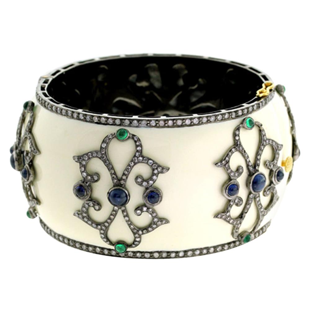 Designer White Enamel Bangle with Diamond and Sapphire Set in Gold and Silver For Sale