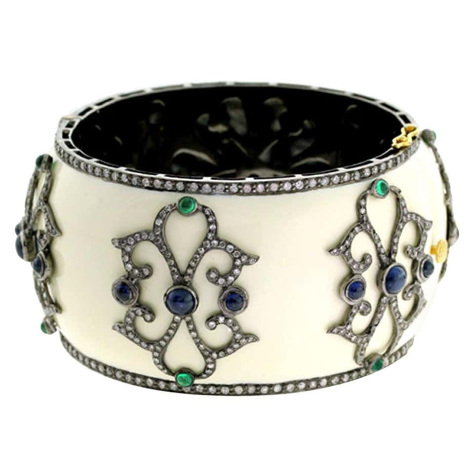 Enamel Bangle Enamel Hand Painted Moonstone Diamond Bangle For Sale at 1stDibs