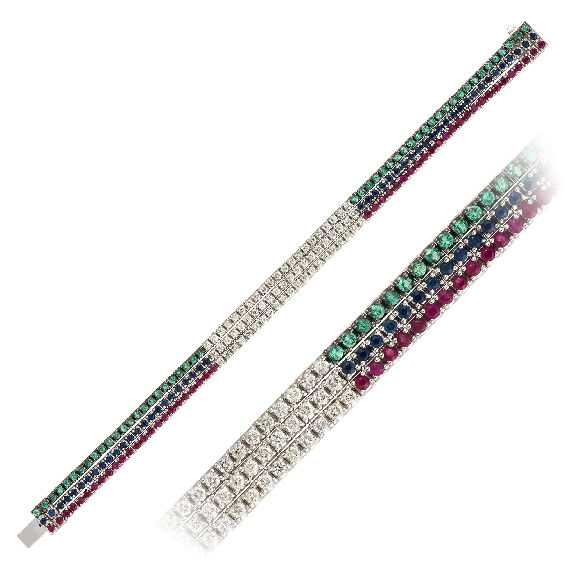Designer White Gold 18K Blue Sapphire Diamond Emerald Ruby Bracelet for Her In New Condition For Sale In Montreux, CH