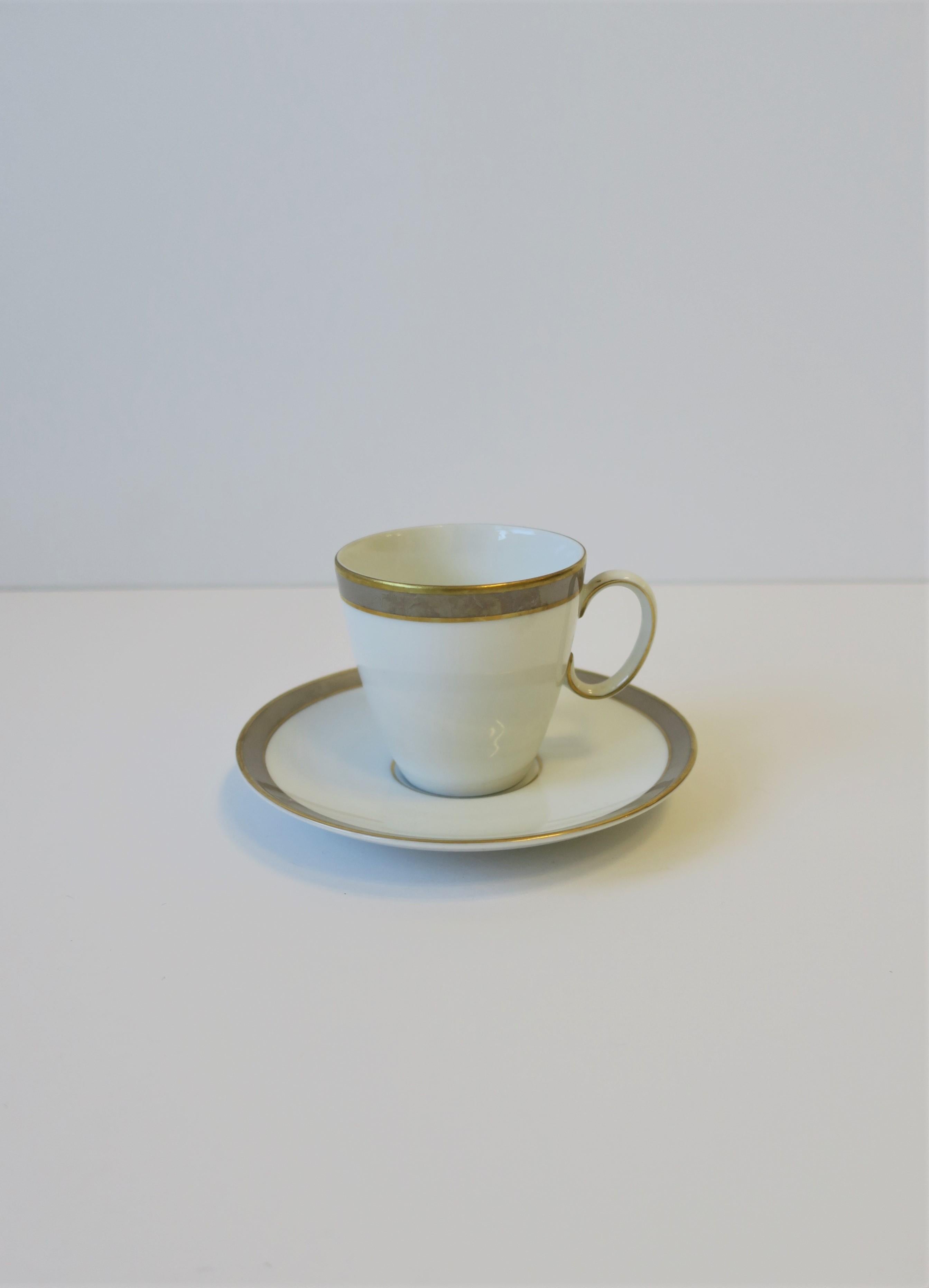 Mid-Century Modern Ray Loewy White Grey Gold Porcelain Espresso Coffee Cup & Saucer, Set of 2 For Sale