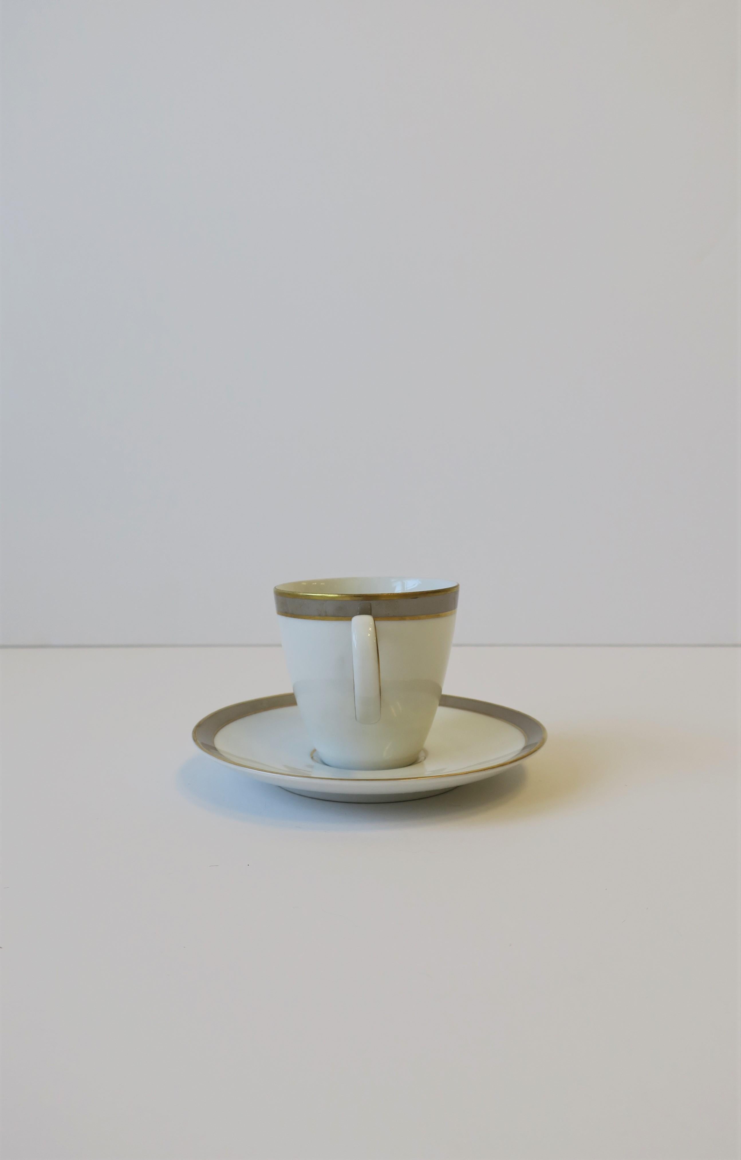 German Ray Loewy White Grey Gold Porcelain Espresso Coffee Cup & Saucer, Set of 2 For Sale