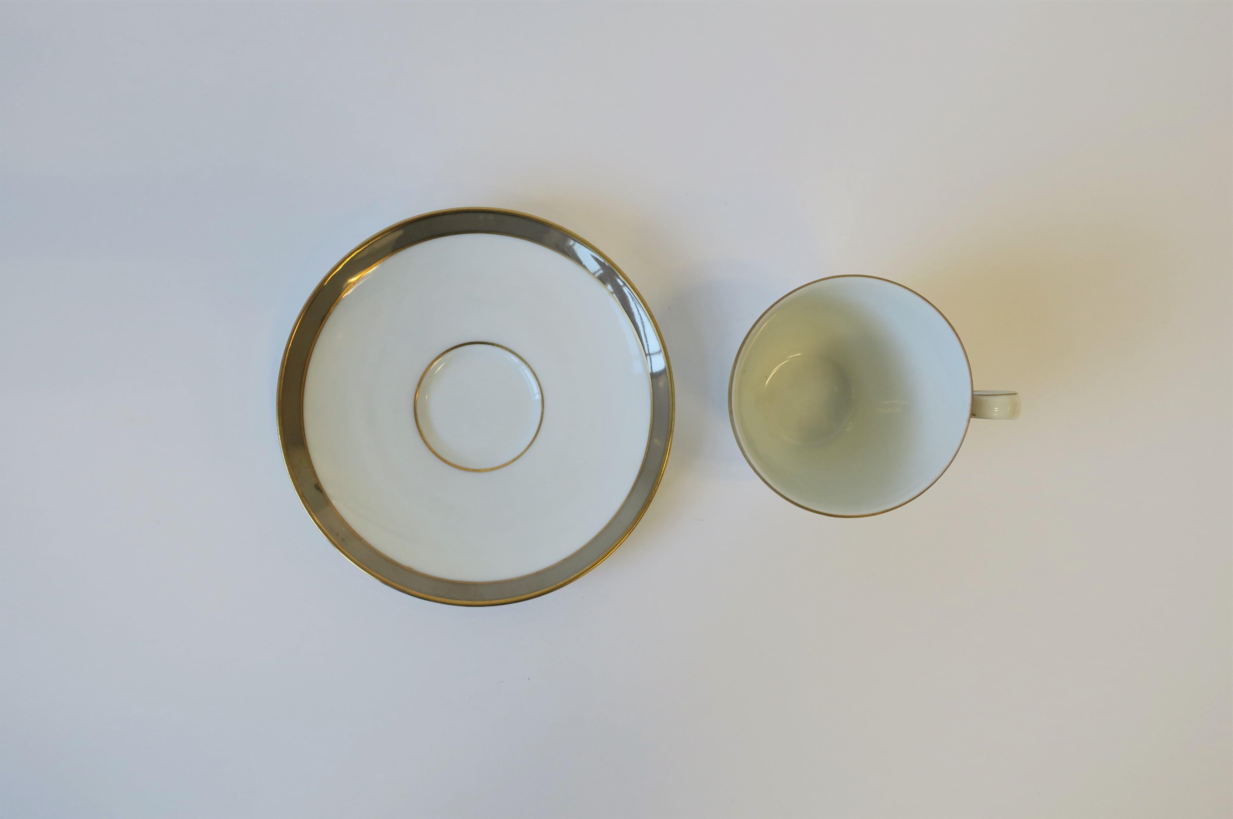 Ray Loewy White Grey Gold Porcelain Espresso Coffee Cup & Saucer, Set of 2 In Good Condition For Sale In New York, NY