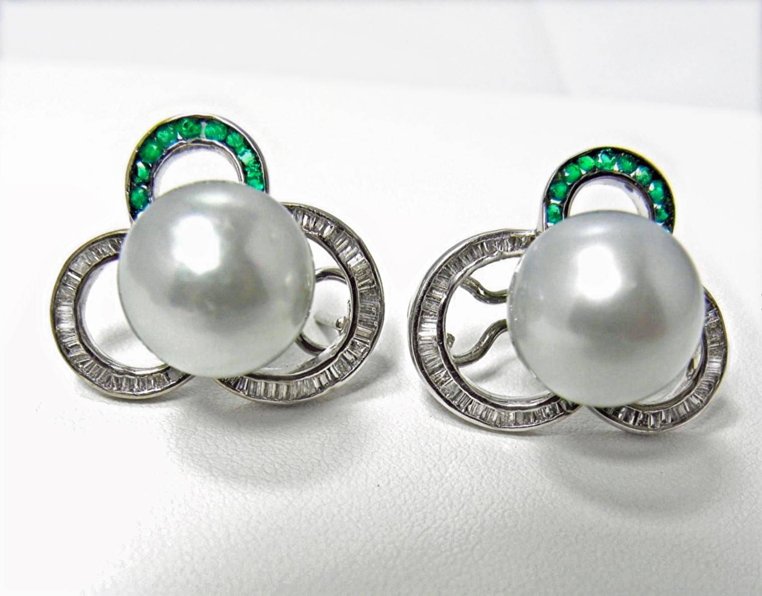 Contemporary South Sea Pearl Diamond and Emerald Earrings 18 Karat For Sale
