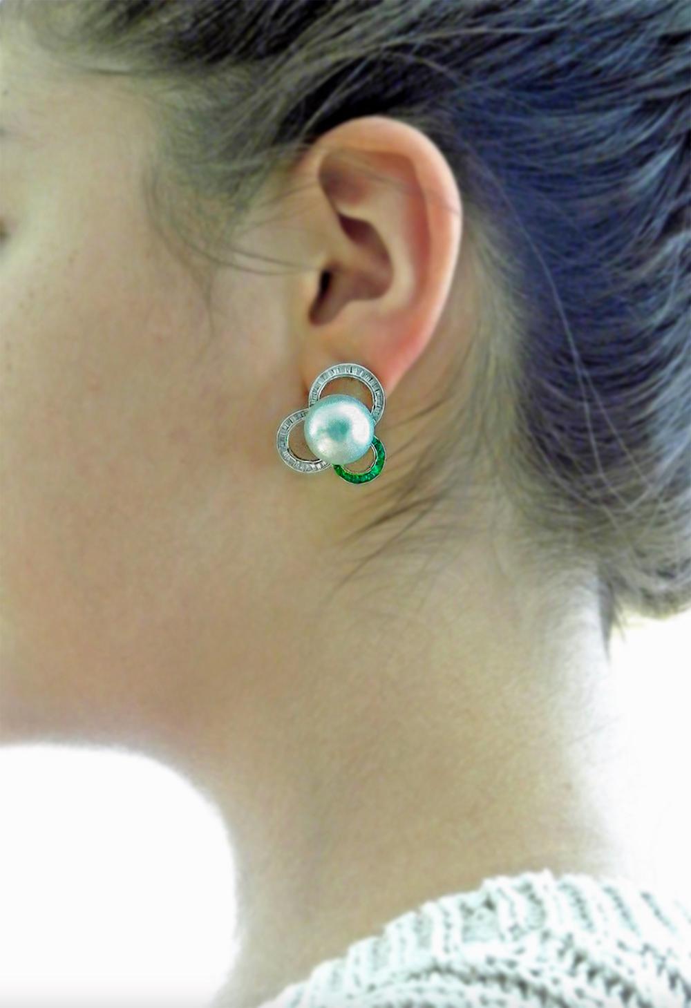 Rough Cut South Sea Pearl Diamond and Emerald Earrings 18 Karat For Sale