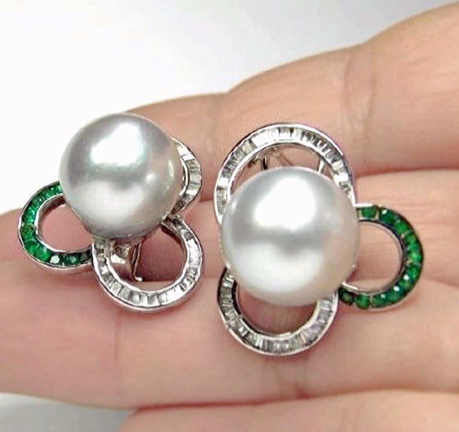 Women's South Sea Pearl Diamond and Emerald Earrings 18 Karat For Sale