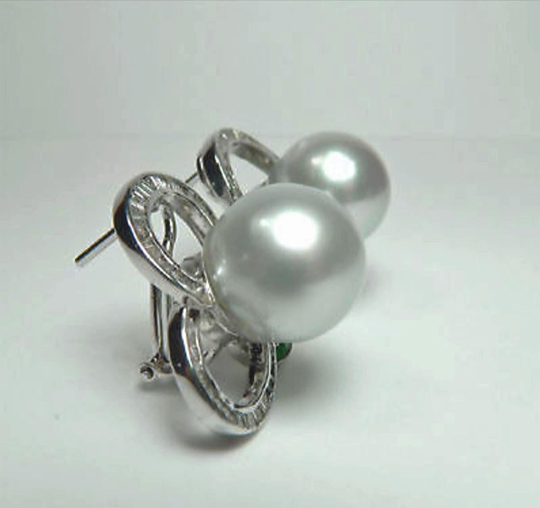 South Sea Pearl Diamond and Emerald Earrings 18 Karat For Sale 1