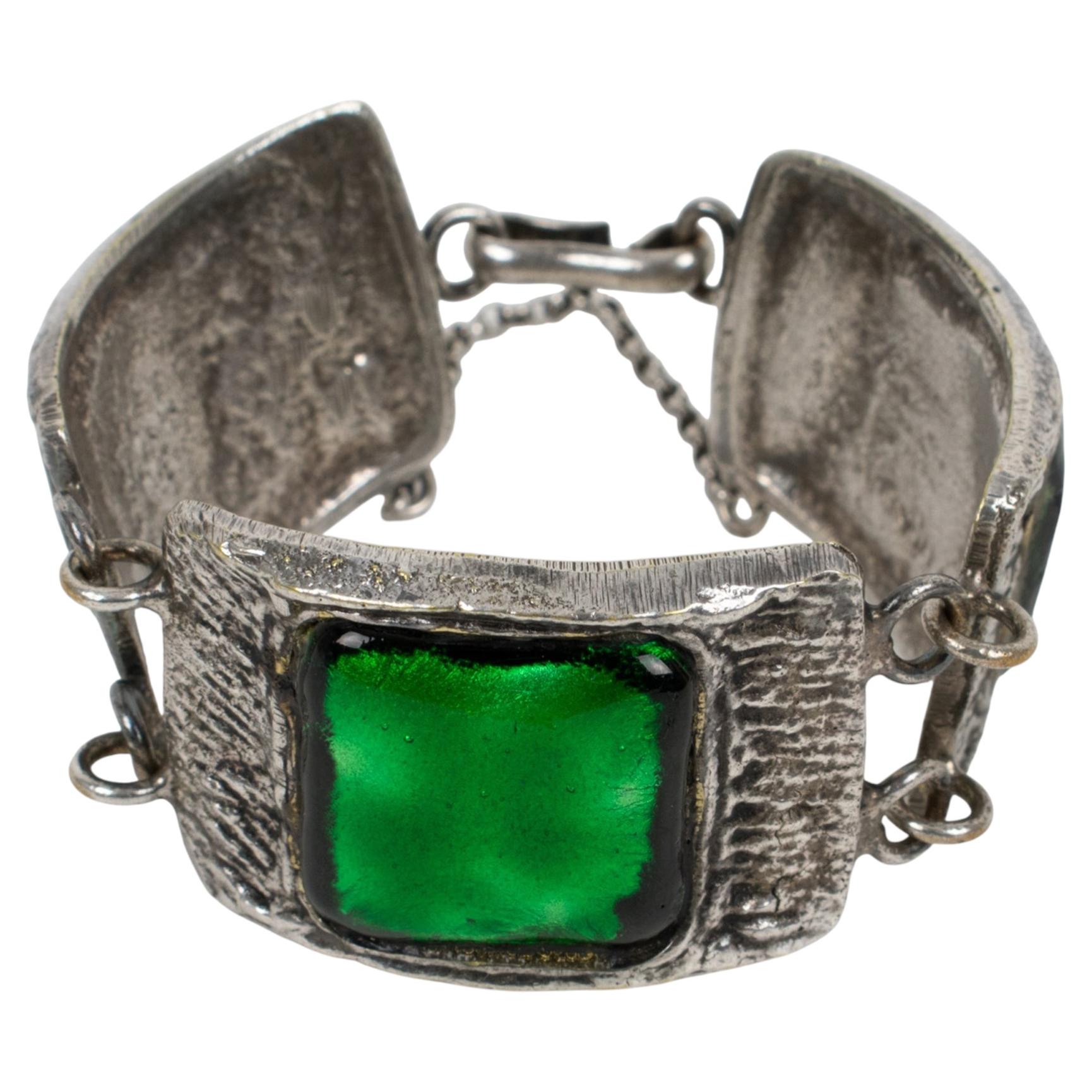 Designer Willy Silvered Bronze and Green Enamel Link Bracelet, France 1950s